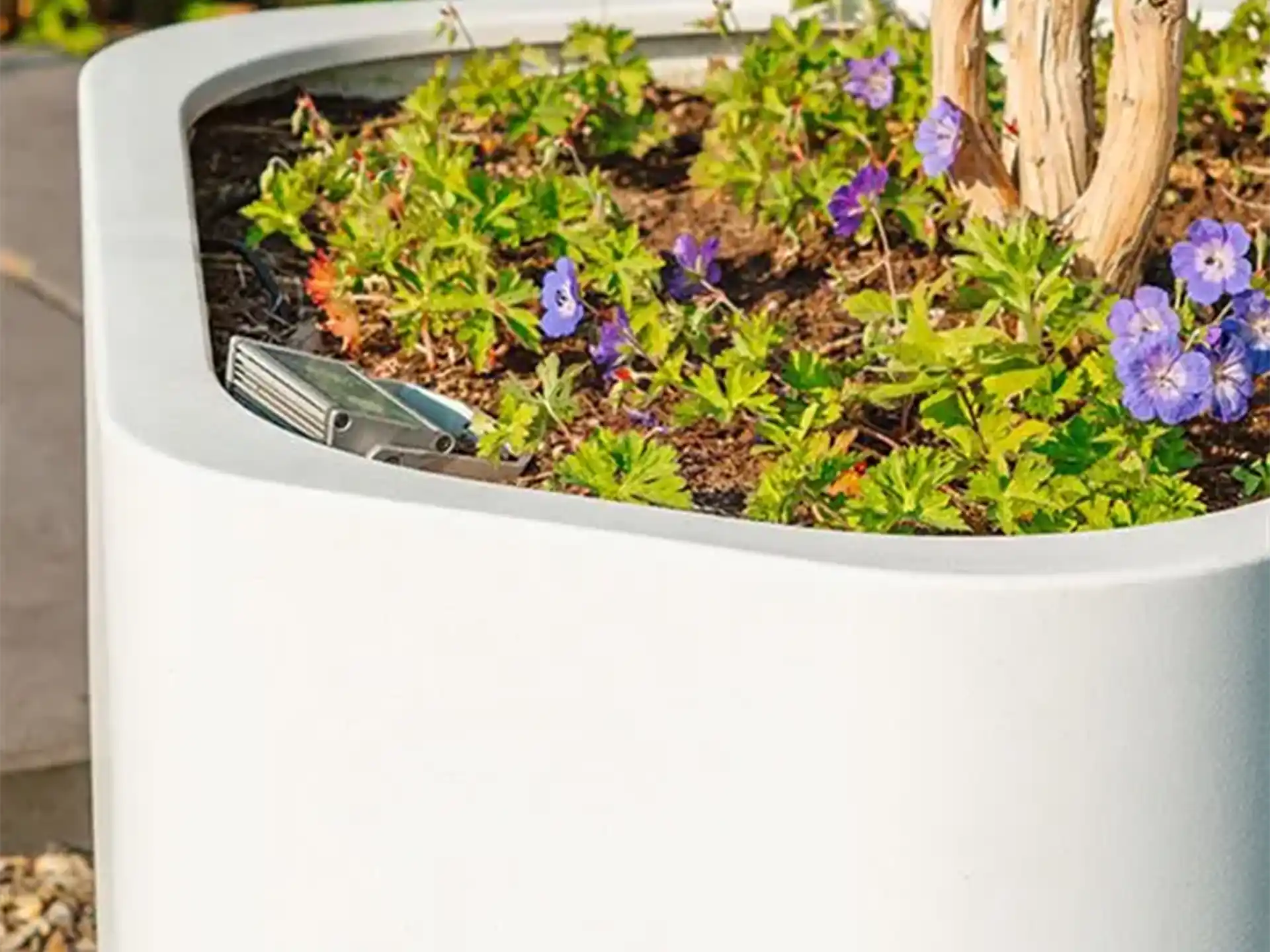 Detail van Adezz Shape polyester plantenbak rond hoeking model in wit met kleurrijke beplanting.