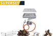 Adezz Superset met Forno Brann inbouwbrander 40 × 40 cm van RVS, met glasombouw, keramische houtblokken en bijbehorende aansluitonderdelen. Geheel zichtbaar als losse set op witte achtergrond.