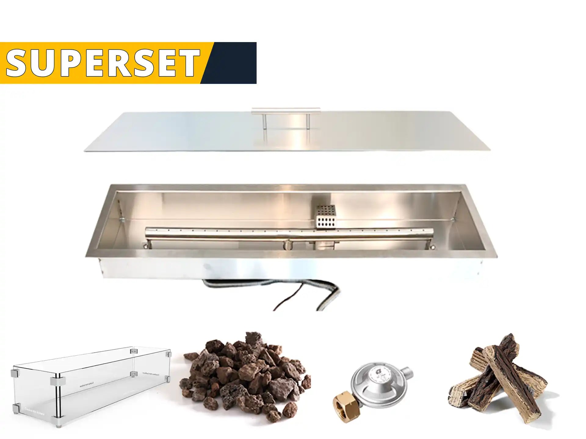 Adezz SUPERSET Forno Brann Inbouwbrander Rechthoek 80 x 19 cm + Glasombouw + Keramische Houtblokken | RVS