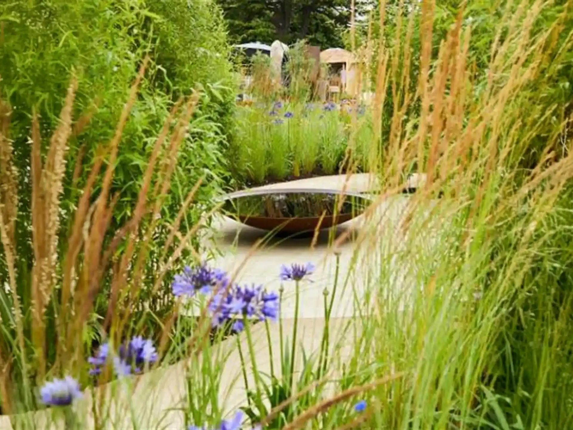 Adezz waterschaal cortenstaal geplaatst in een groene tuinomgeving met siergrassen en bloemen rondom.