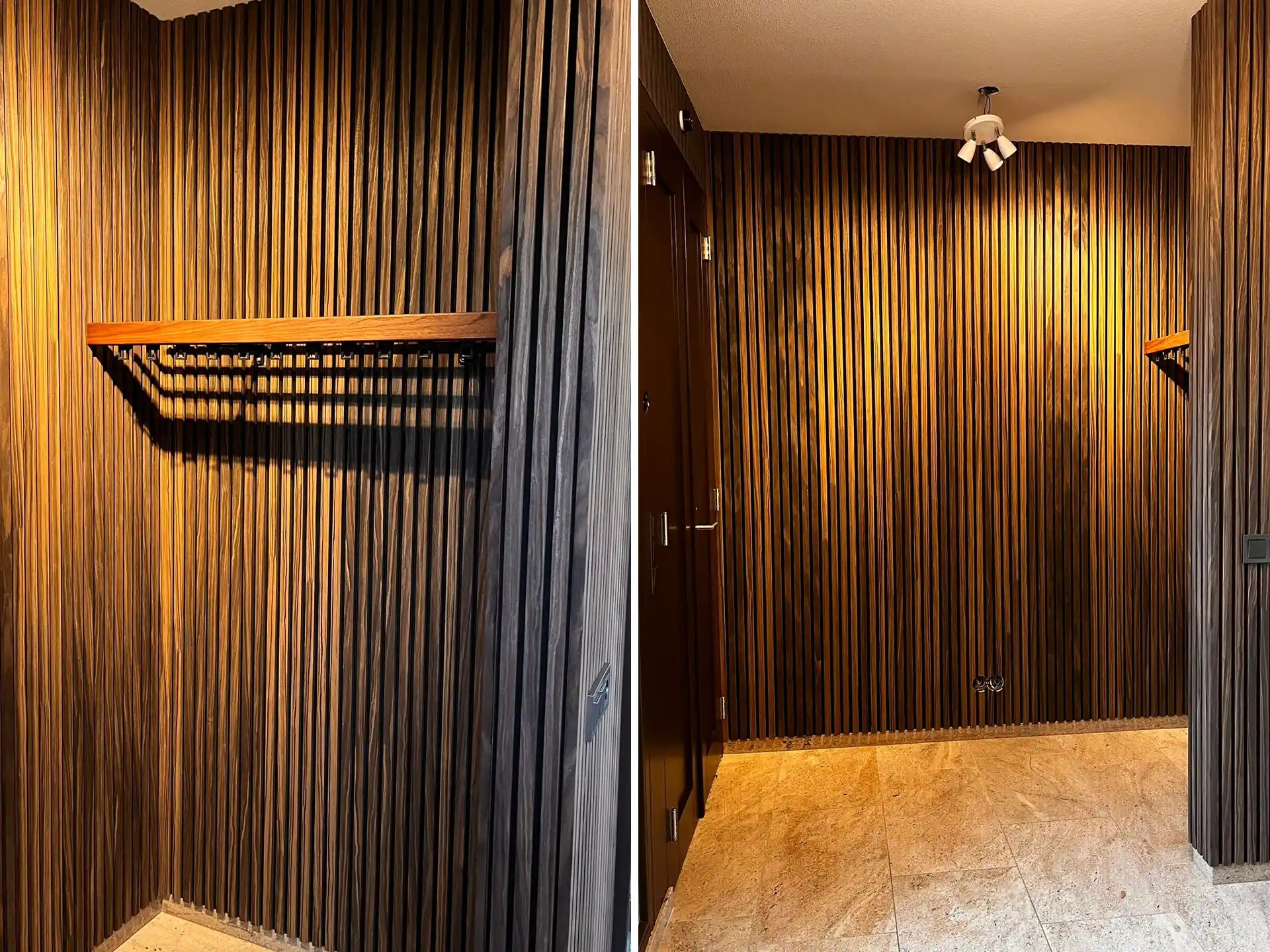 Akoestische wandpanelen van gerookt eiken in een luxe hal met verticale lattenstructuur