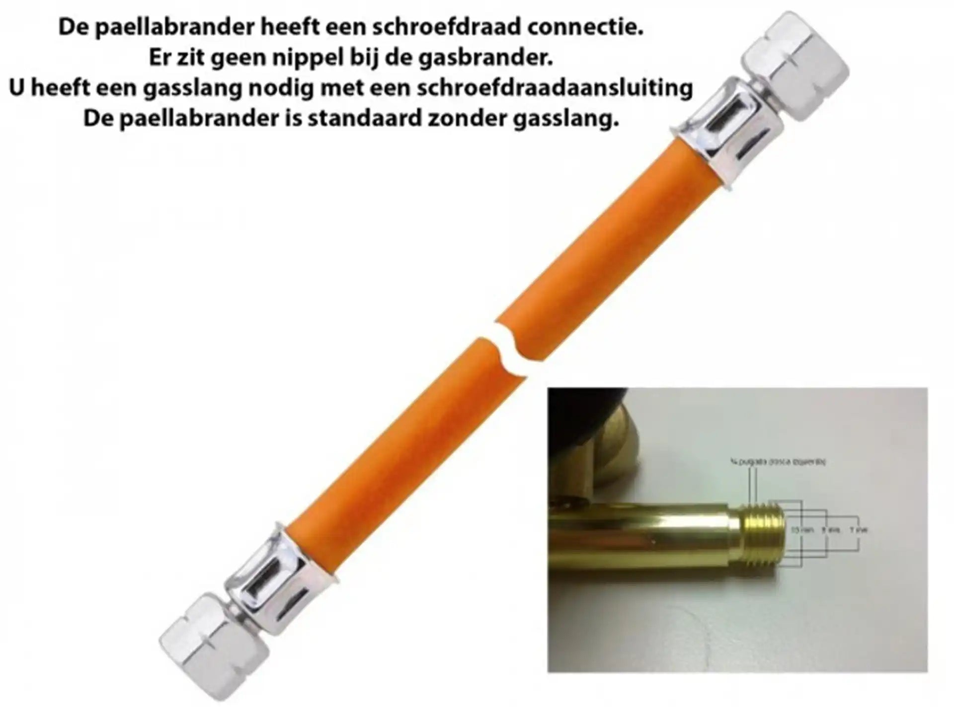 Detail van oranje gasslang 1,5 meter met schroefdraad aansluiting voor paella brander, inclusief technische uitleg.
