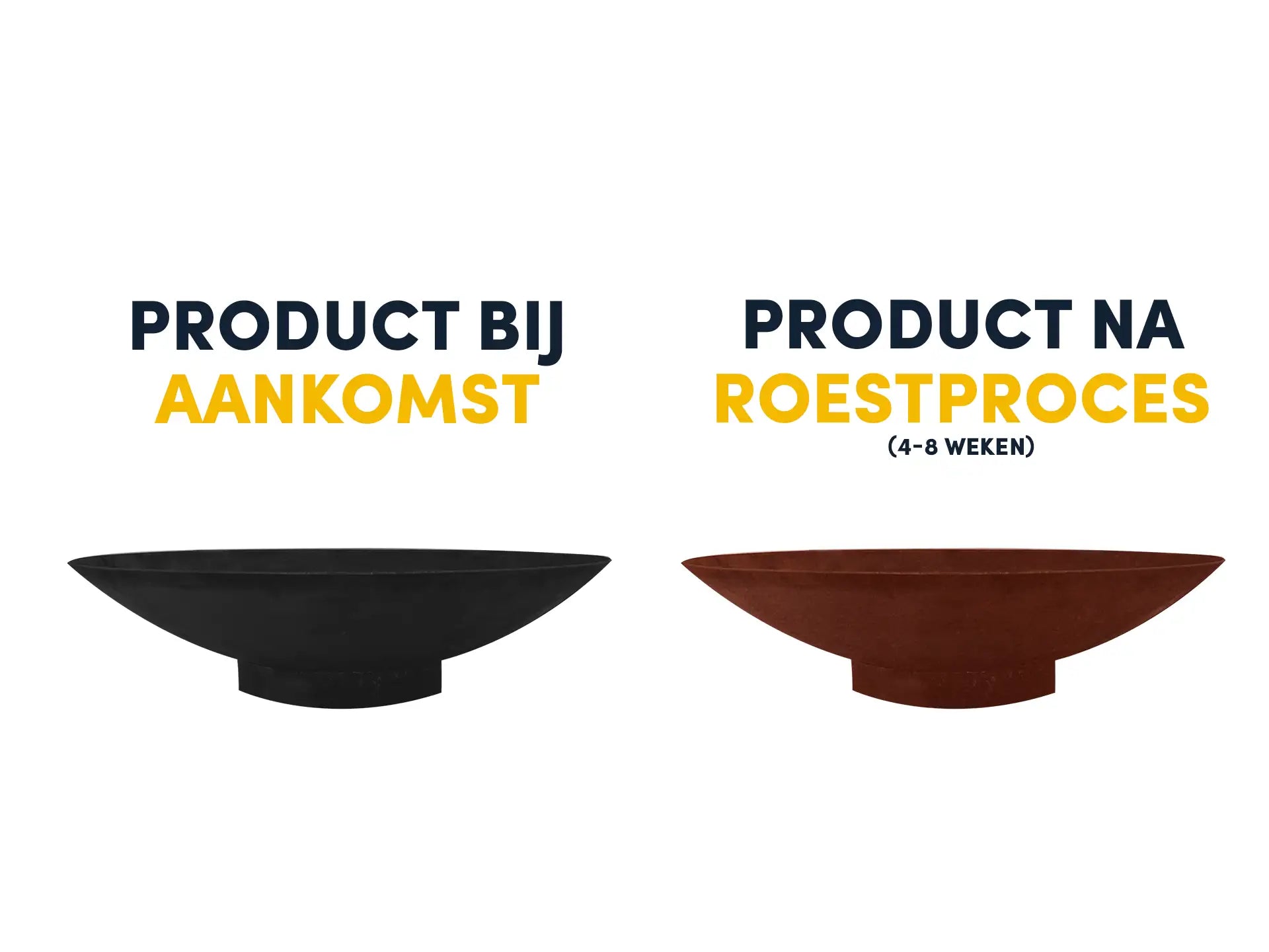 Twee vuurschalen naast elkaar: links het product bij aankomst in zwart staal en rechts hetzelfde product na 4 tot 8 weken roestproces in cortenstaal.
