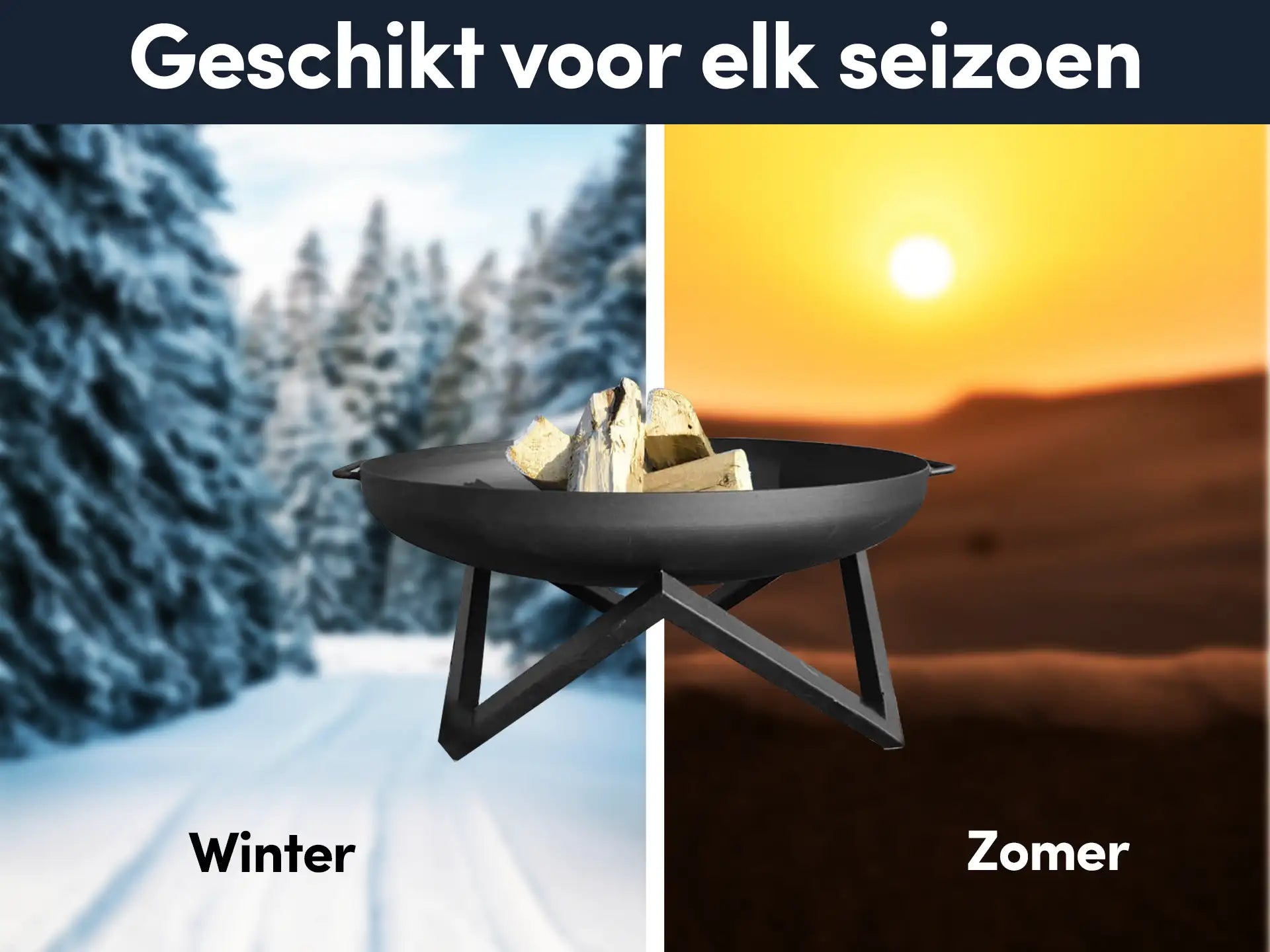 GoFire barca vuurschaal zwart met brandend vuur, afgebeeld in zowel winterse sneeuw als zomerse zonsondergang, geschikt voor gebruik in elk seizoen.