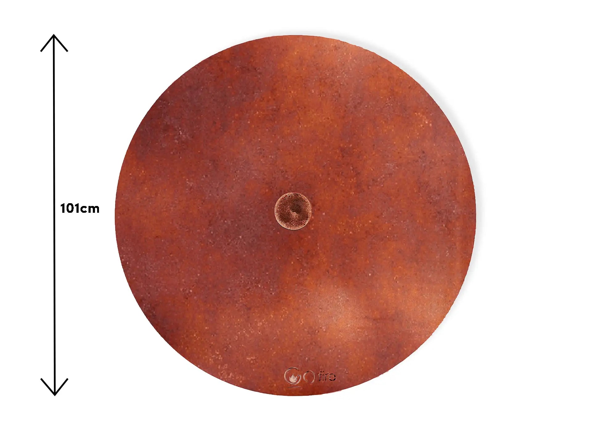 Ronde cortenstalen Gofire deksel voor vuurschaal met een diameter van 101 cm, voorzien van een handvat in het midden en afgewerkt met een natuurlijke roestkleurige uitstraling.