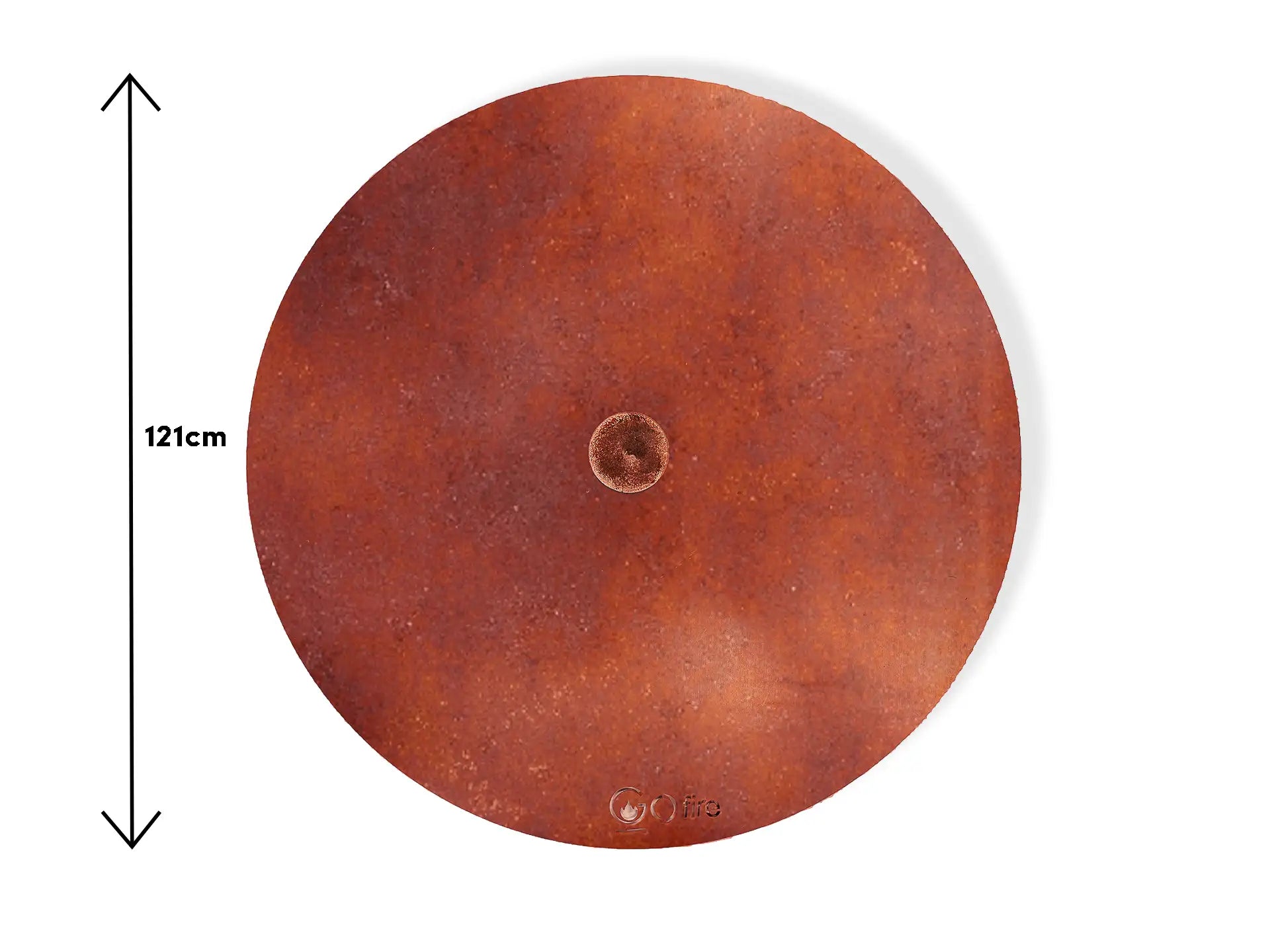 Ronde cortenstalen Gofire deksel voor vuurschaal met een diameter van 121 cm, voorzien van een handvat in het midden en afgewerkt met een natuurlijke roestkleurige uitstraling.