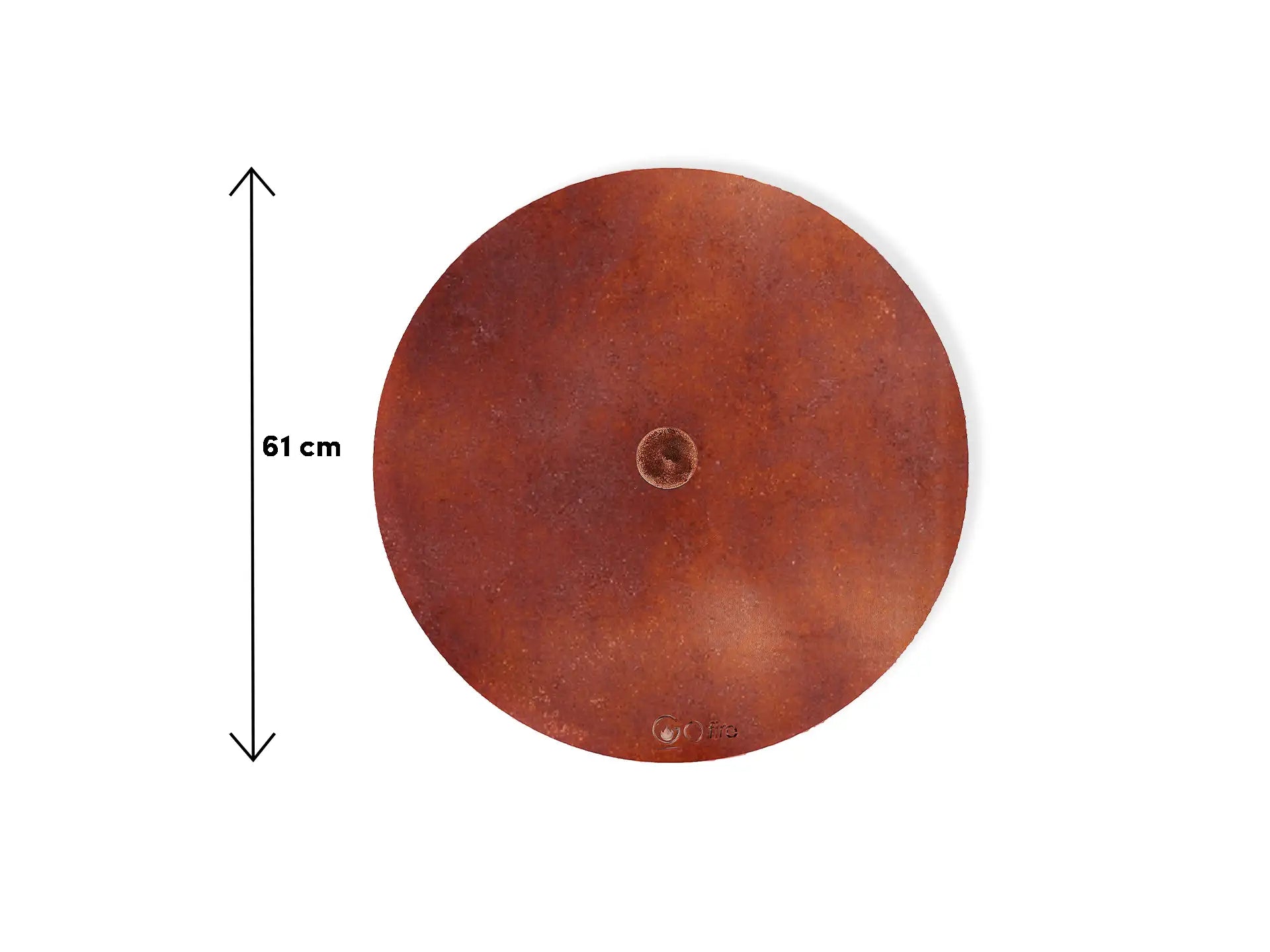 Ronde cortenstalen Gofire deksel voor vuurschaal met een diameter van 61 cm, voorzien van een handvat in het midden en afgewerkt met een natuurlijke roestkleurige uitstraling.