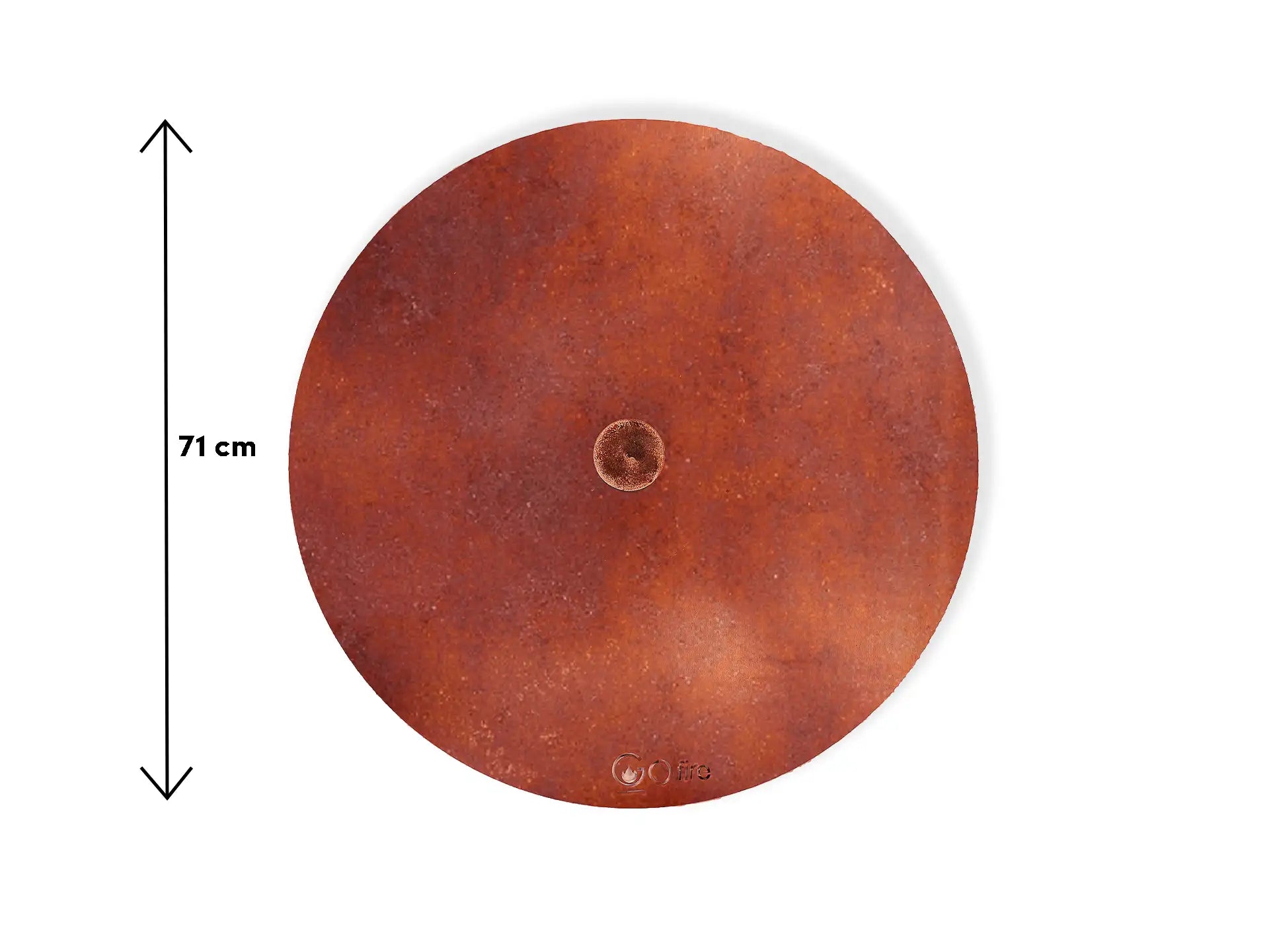Ronde cortenstalen Gofire deksel voor vuurschaal met een diameter van 71 cm, voorzien van een handvat in het midden en afgewerkt met een natuurlijke roestkleurige uitstraling.