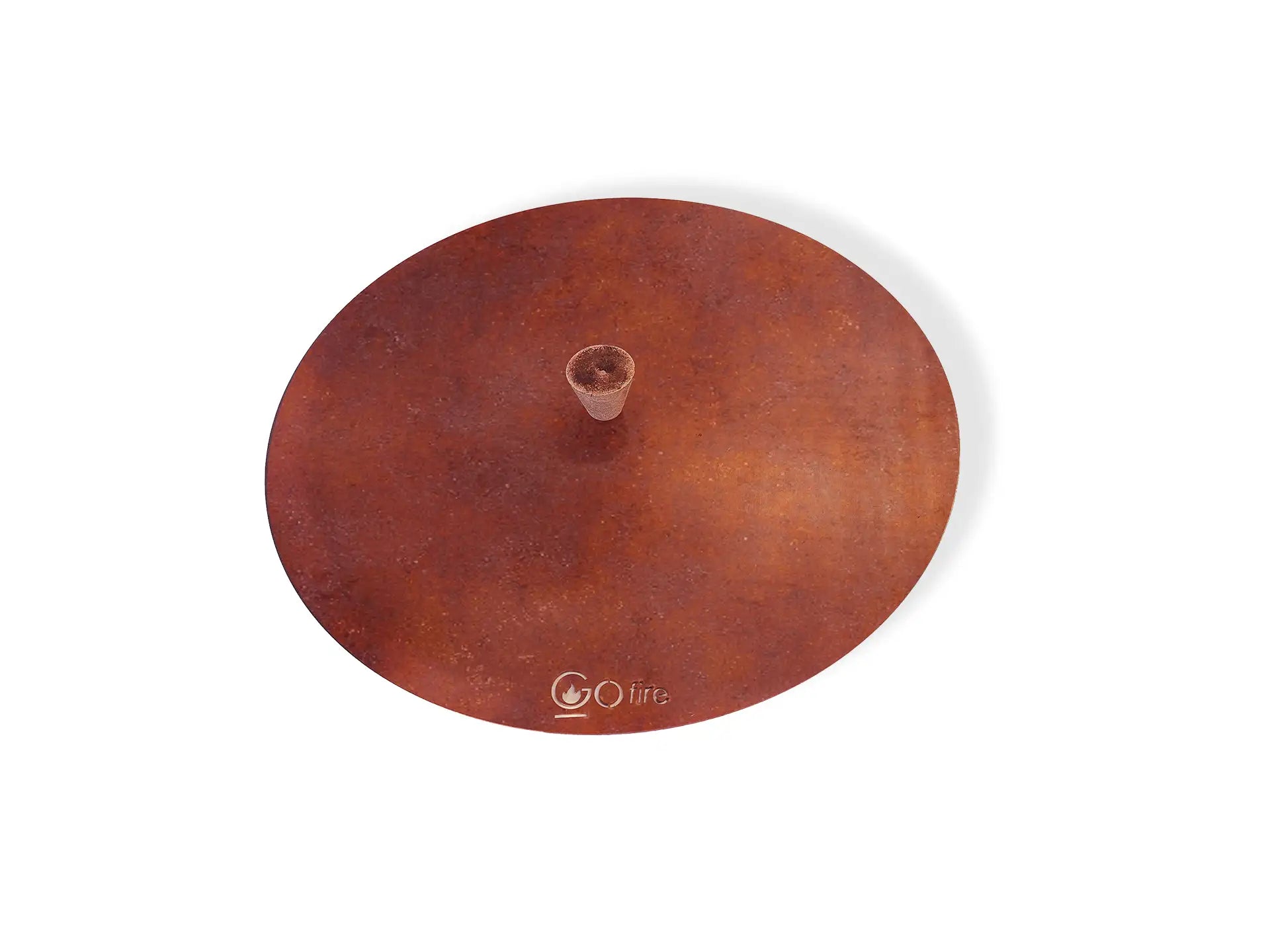 Gofire deksel van cortenstaal voor een vuurschaal van 70 cm, gezien van de zijkant, speciaal ontworpen als afdekking voor vuurschaal.