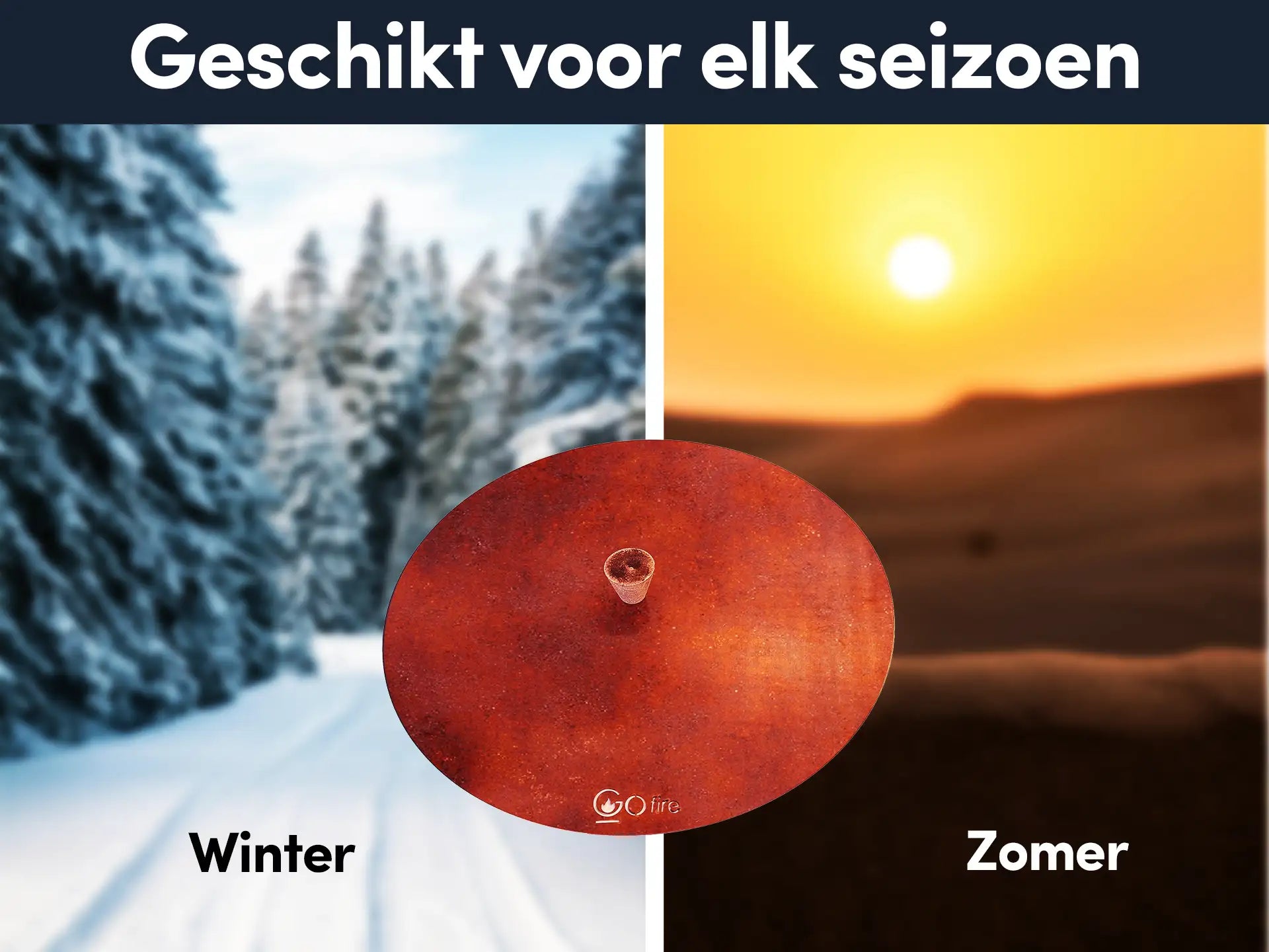 Gofire cortenstalen deksel voor vuurschaal, geschikt voor elk seizoen. Links een besneeuwd winterlandschap, rechts een warme zomerse zonsondergang, met de deksel in het midden om duurzaamheid en veelzijdigheid te benadrukken.