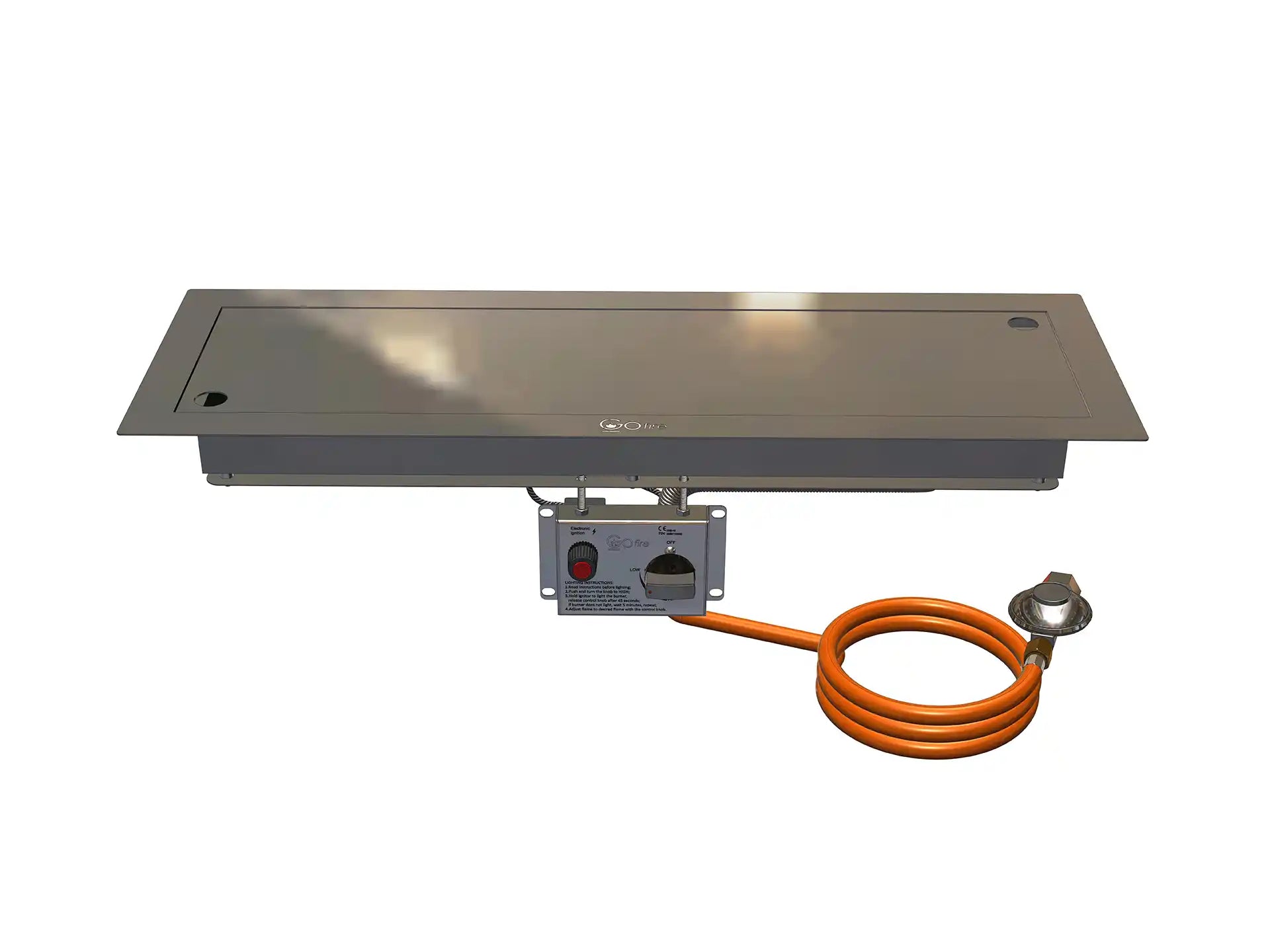 Gofire inbouwbrander rechthoek 75 × 25 cm gezien van voren, inclusief flexibel bedieningspaneel voor eenvoudige aansluiting.