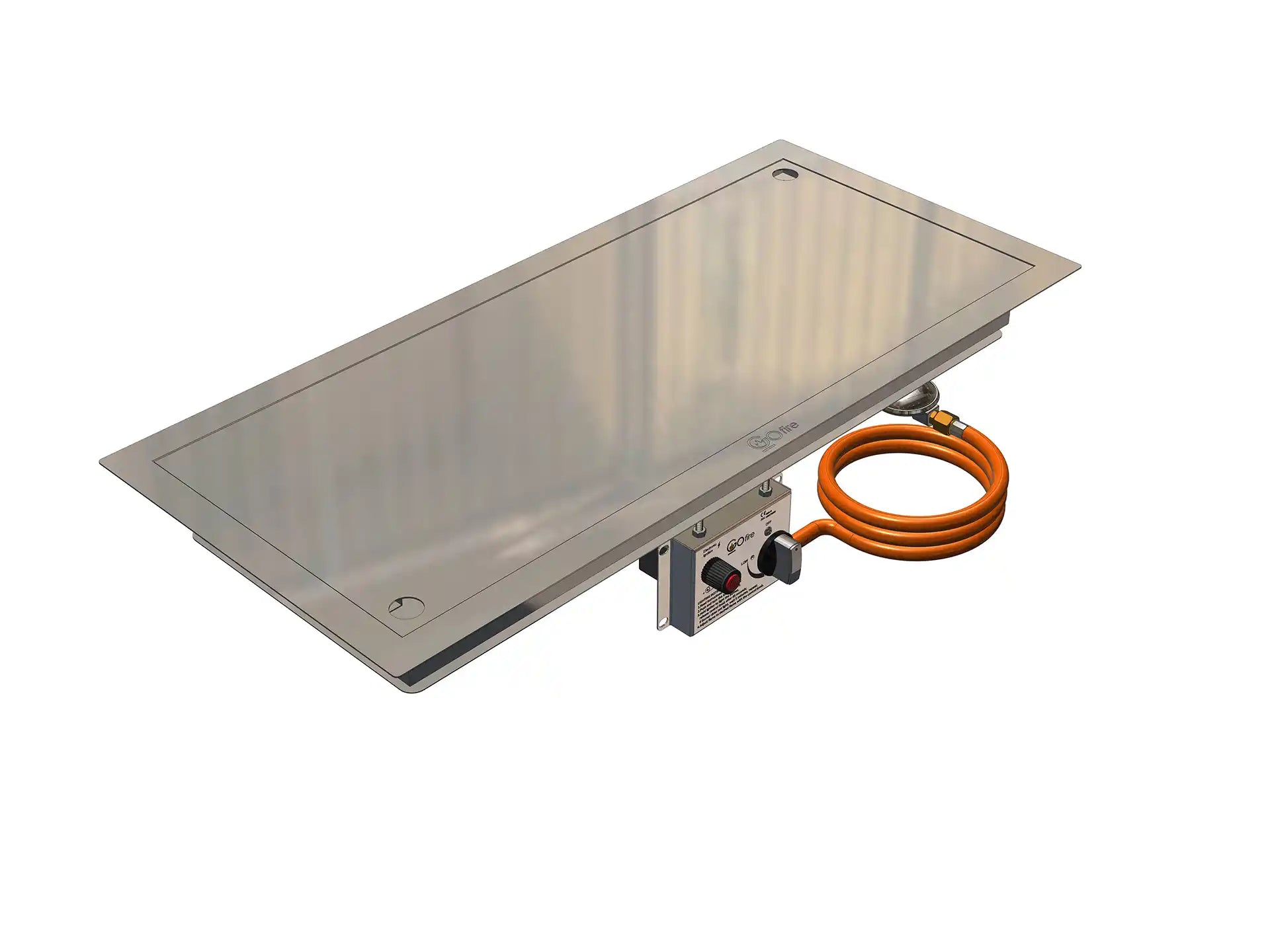 RVS Gofire inbouwbrander 79 × 36 cm met zicht op de gasregelaar en oranje slang, geschikt voor montage in vuurtafels.