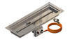 Gofire inbouwbrander rechthoek 75 × 25 cm met flexibel bedieningspaneel en oranje gasslang, schuin bovenaanzicht van het product.