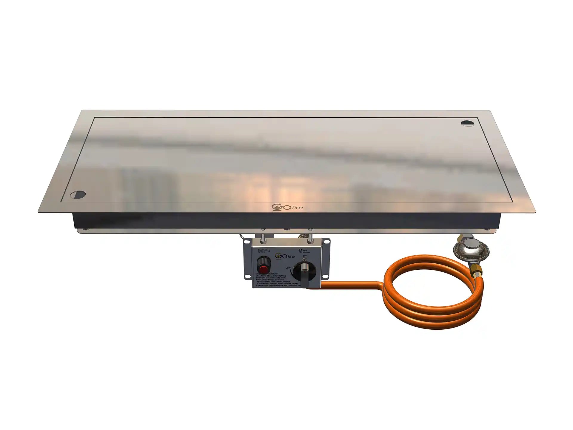 Gofire rechthoekige inbouwbrander 56 × 28 cm recht van voren, inclusief flexibel bedieningspaneel en aansluiting.