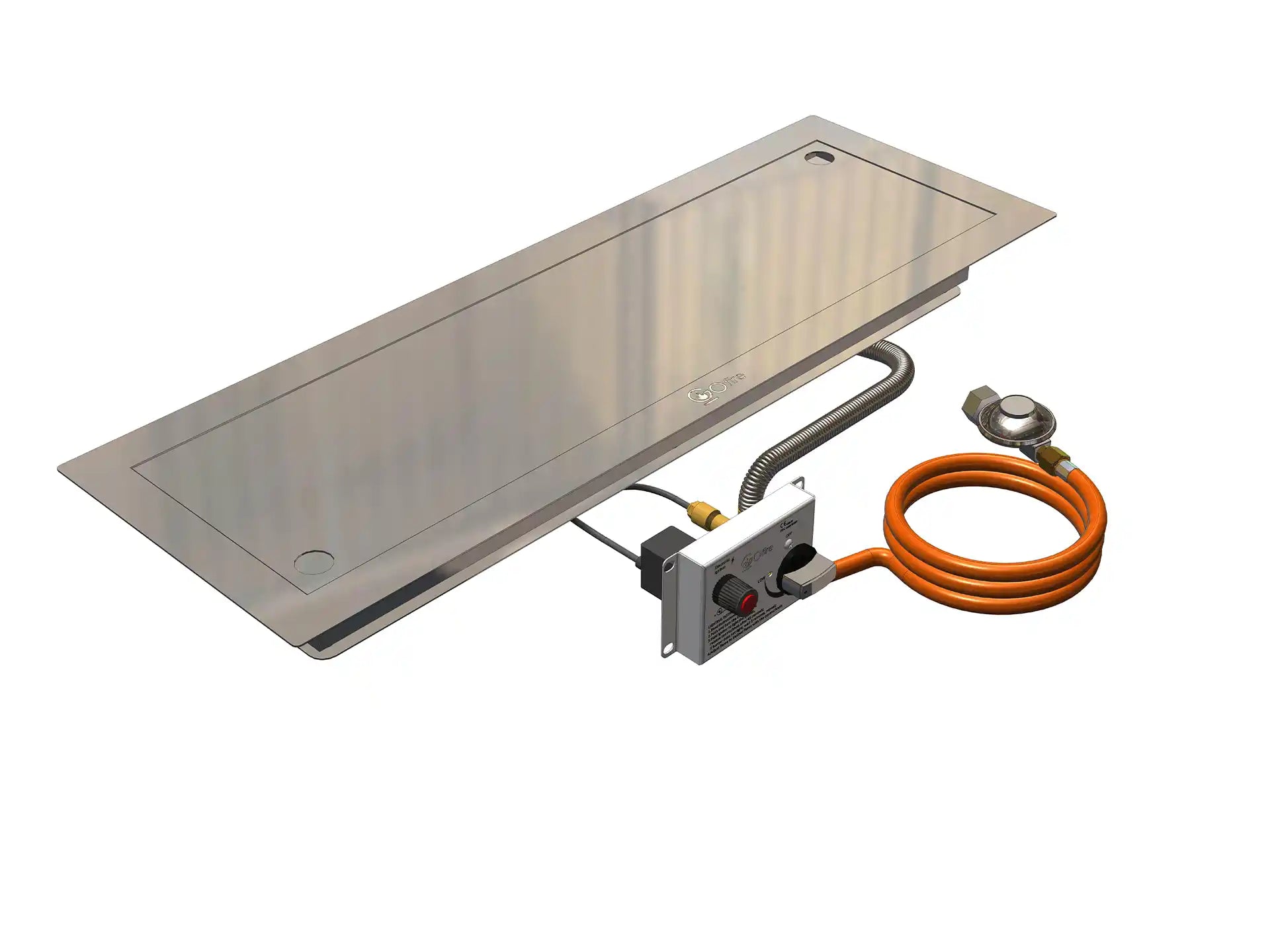RVS Gofire inbouwbrander 75 × 25 cm met zicht op de gasregelaar en oranje slang, geschikt voor montage in vuurtafels.