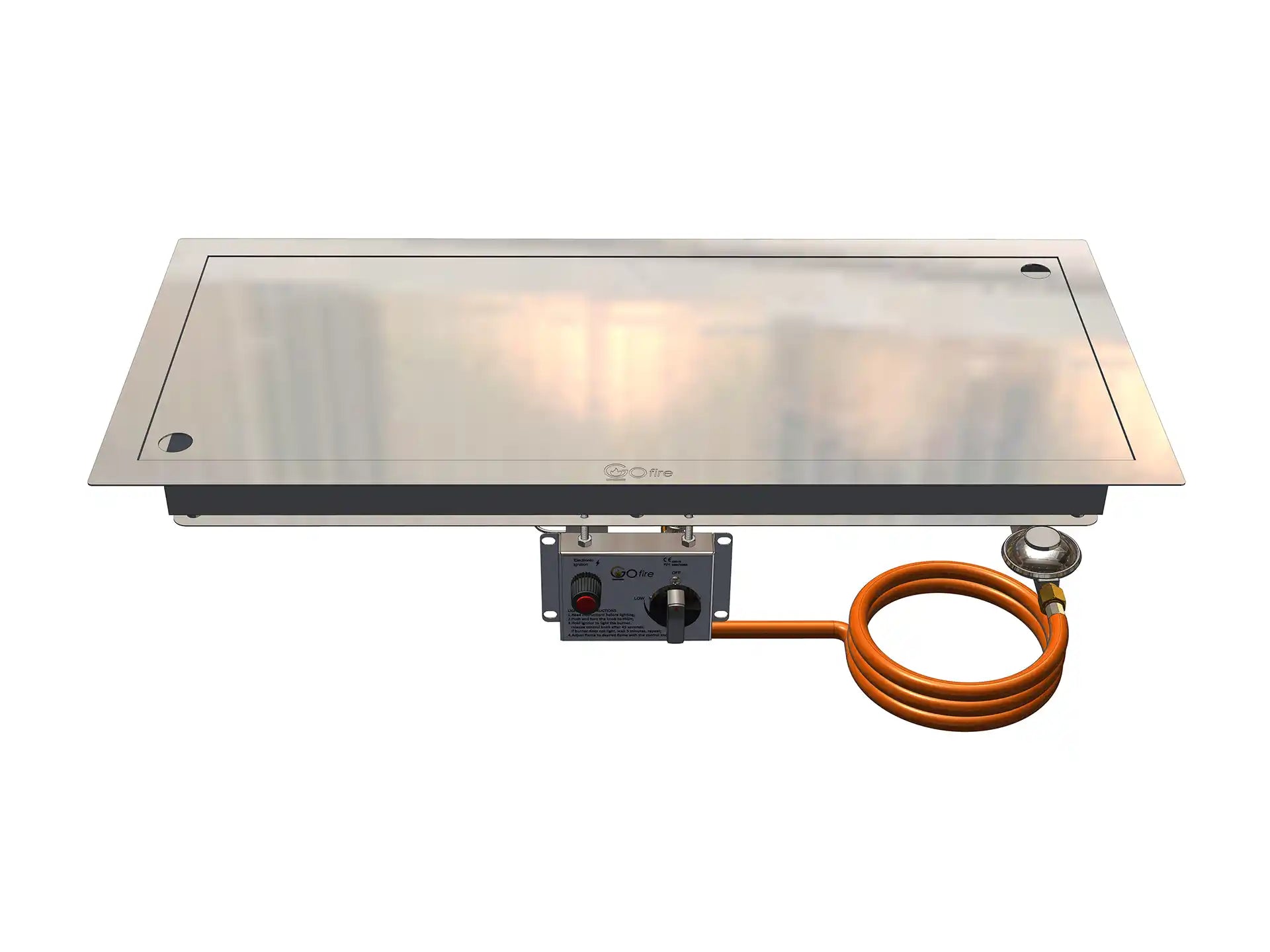 Gofire inbouwbrander rechthoek 79 × 36 cm gezien van voren, inclusief flexibel bedieningspaneel voor eenvoudige aansluiting.
