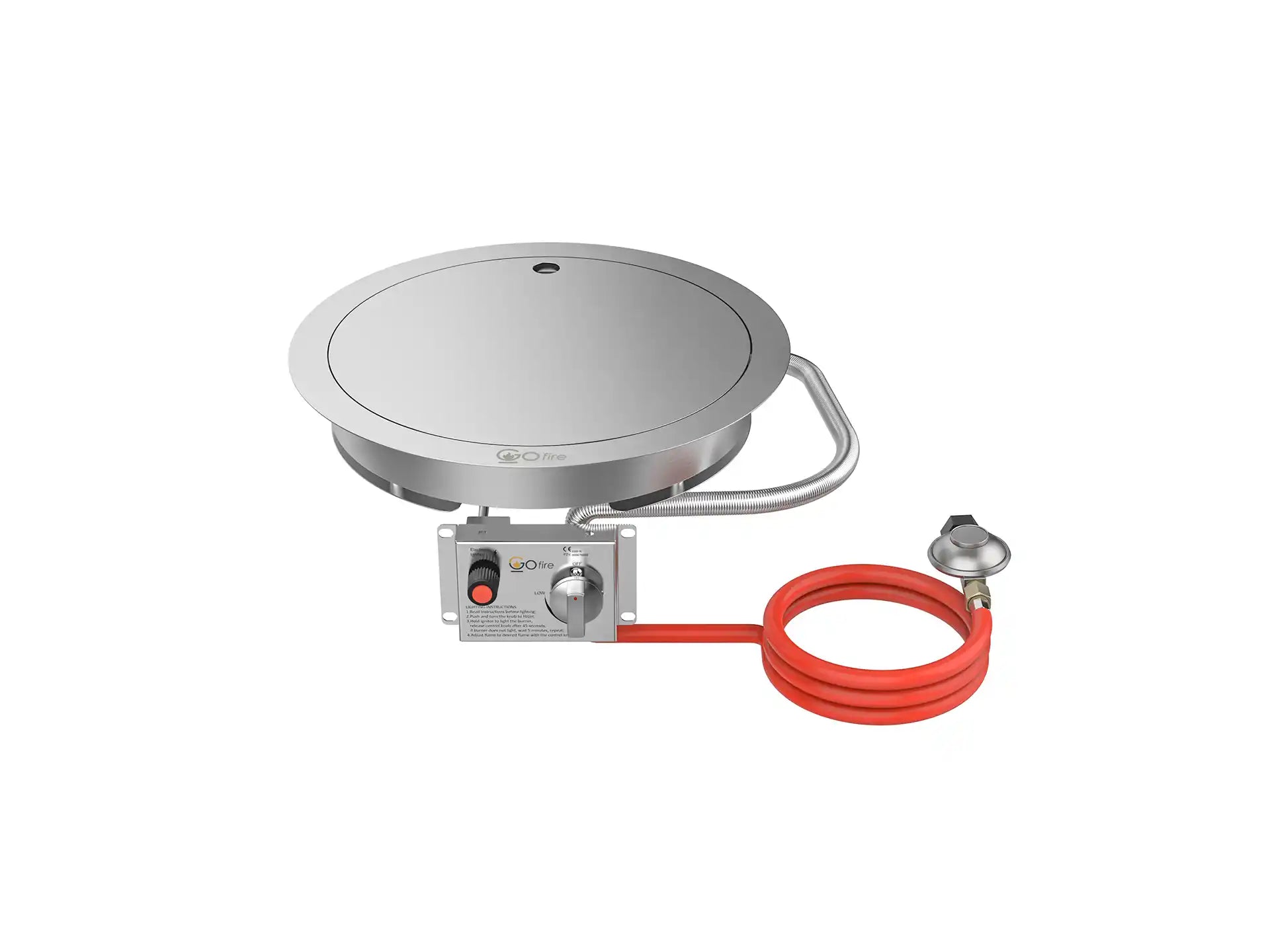 Ronde Gofire inbouwbrander van 39 cm in RVS, afgebeeld met gesloten deksel en flexibel bedieningspaneel.