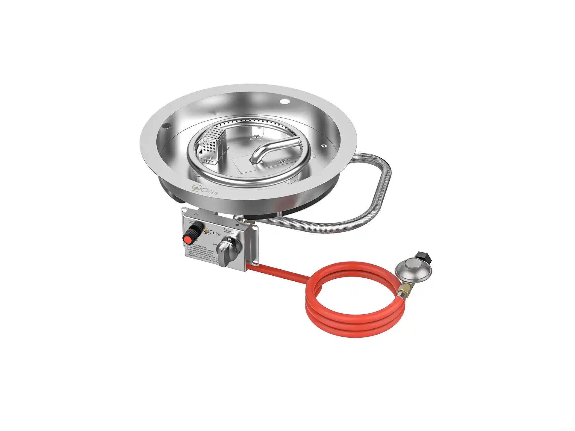 Zijaanzicht van de Gofire ronde inbouwbrander 39 cm RVS met zichtbaar brandermechanisme, regelknop en oranje gasslang.