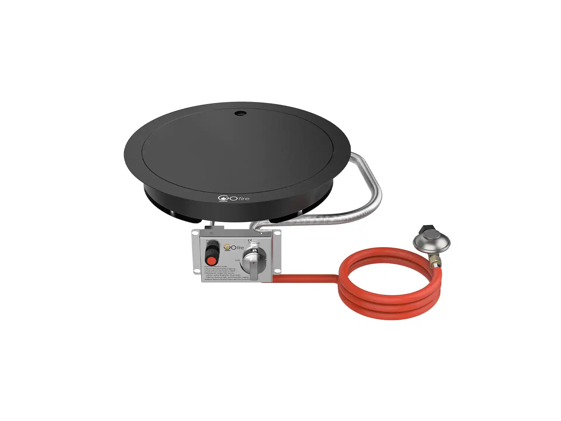 Ronde Gofire inbouwbrander van 45 cm van gecoat staal, afgebeeld met gesloten deksel en flexibel bedieningspaneel.