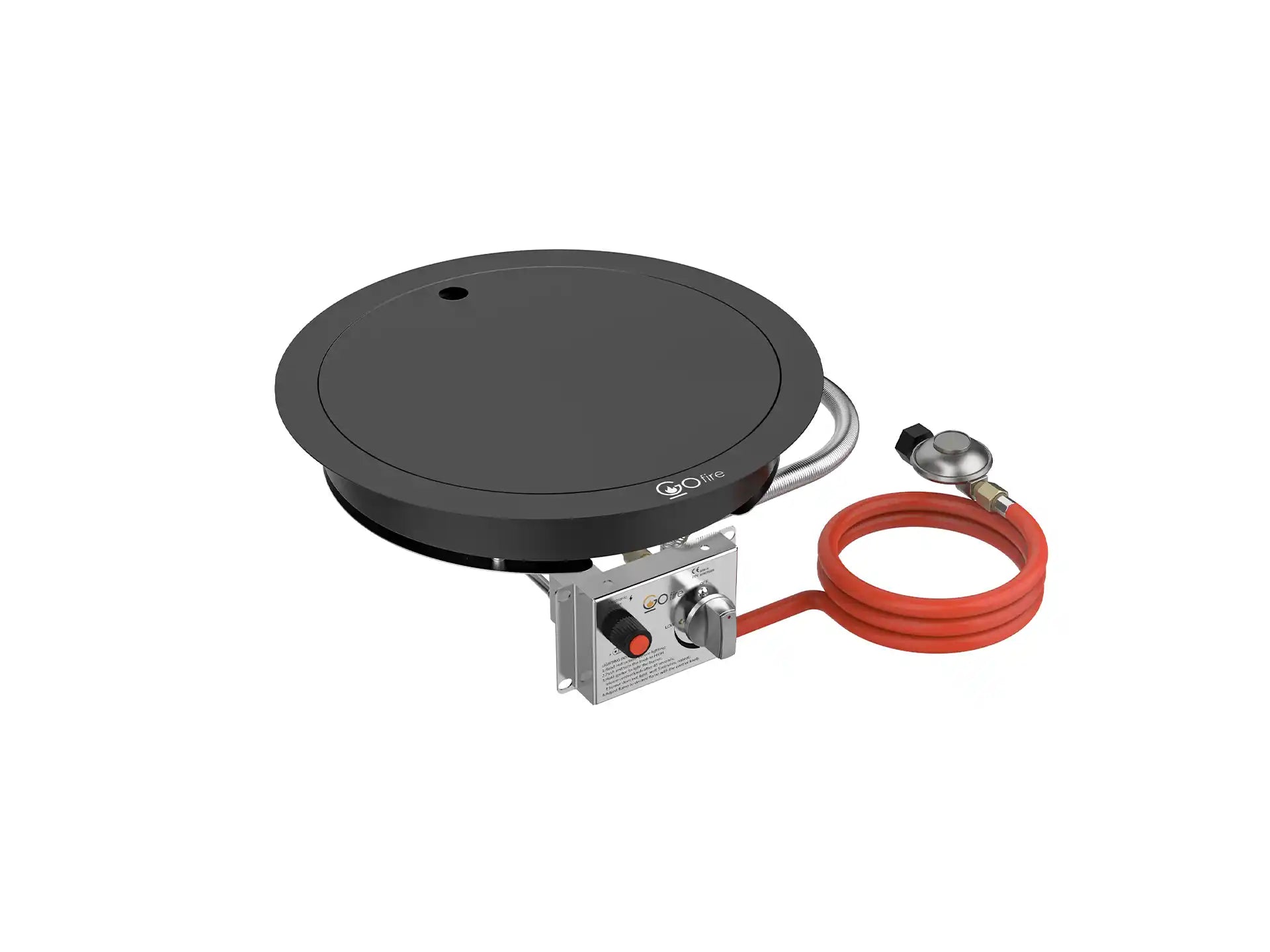 Zijaanzicht van de Gofire ronde inbouwbrander 39 cm gecoat staal met zichtbaar brandermechanisme, regelknop en oranje gasslang.