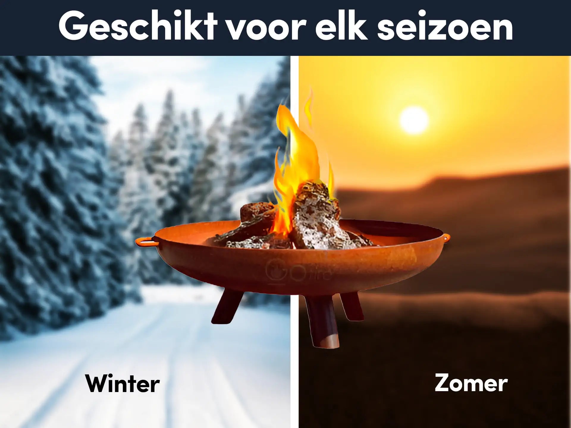 GoFire Lev vuurschaal cortenstaal met brandend vuur, afgebeeld in zowel winterse sneeuw als zomerse zonsondergang, geschikt voor gebruik in elk seizoen.