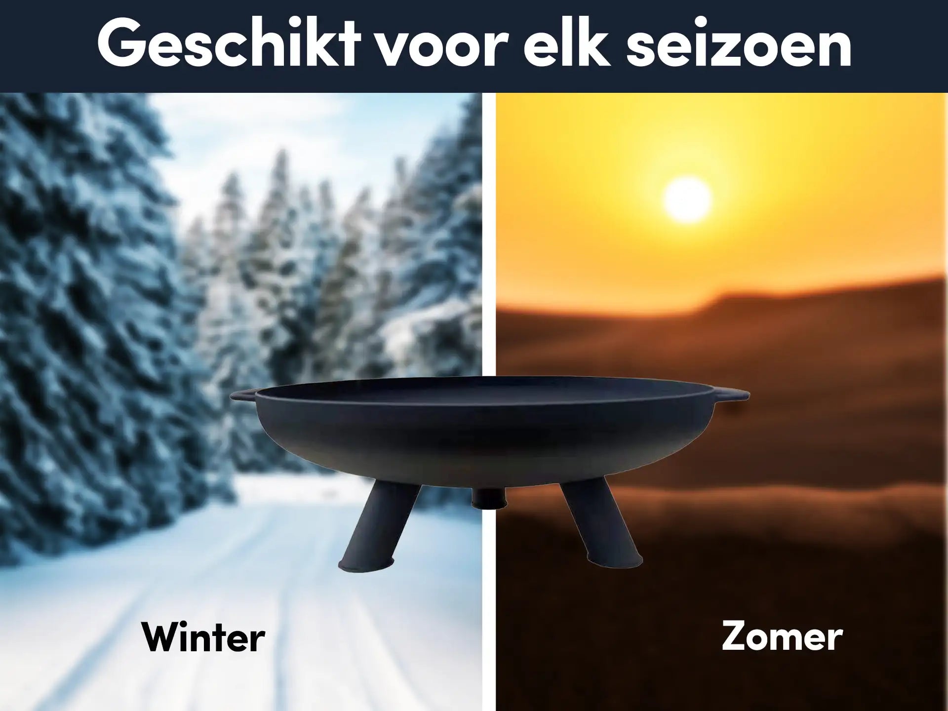 GoFire lev vuurschaal zwart met brandend vuur, afgebeeld in zowel winterse sneeuw als zomerse zonsondergang, geschikt voor gebruik in elk seizoen.