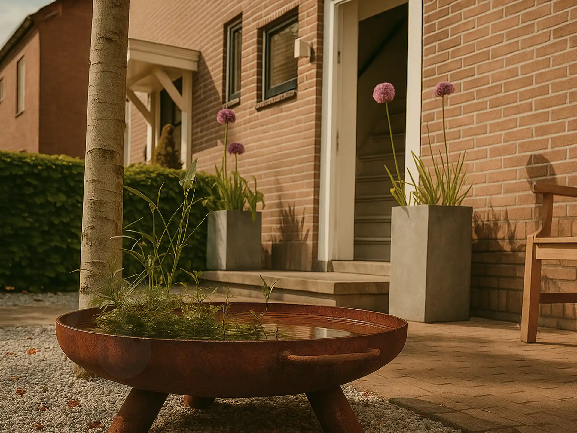 GoFire Lev waterschaal van cortenstaal met planten, opgesteld bij de ingang van een huis met moderne bestrating.