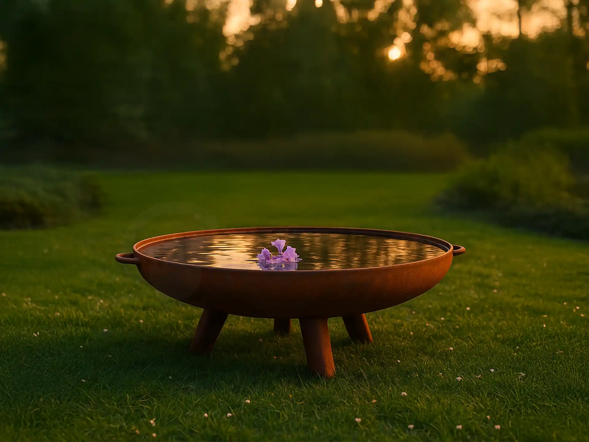 GoFire Lev waterschaal van cortenstaal met water en een bloem, sfeervol geplaatst op het gras in de tuin bij zonsondergang.