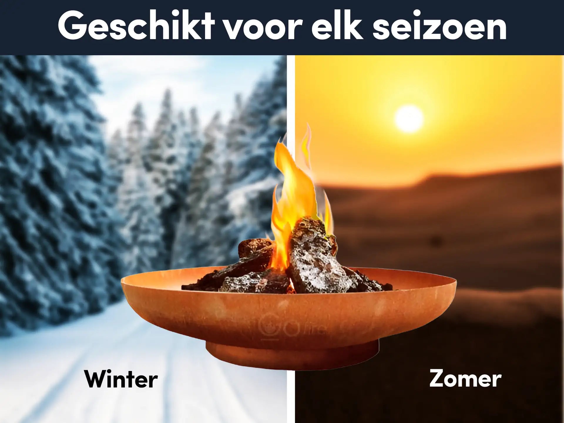 GoFire oda vuurschaal met brandend vuur, afgebeeld in zowel winterse sneeuw als zomerse zonsondergang, geschikt voor gebruik in elk seizoen.