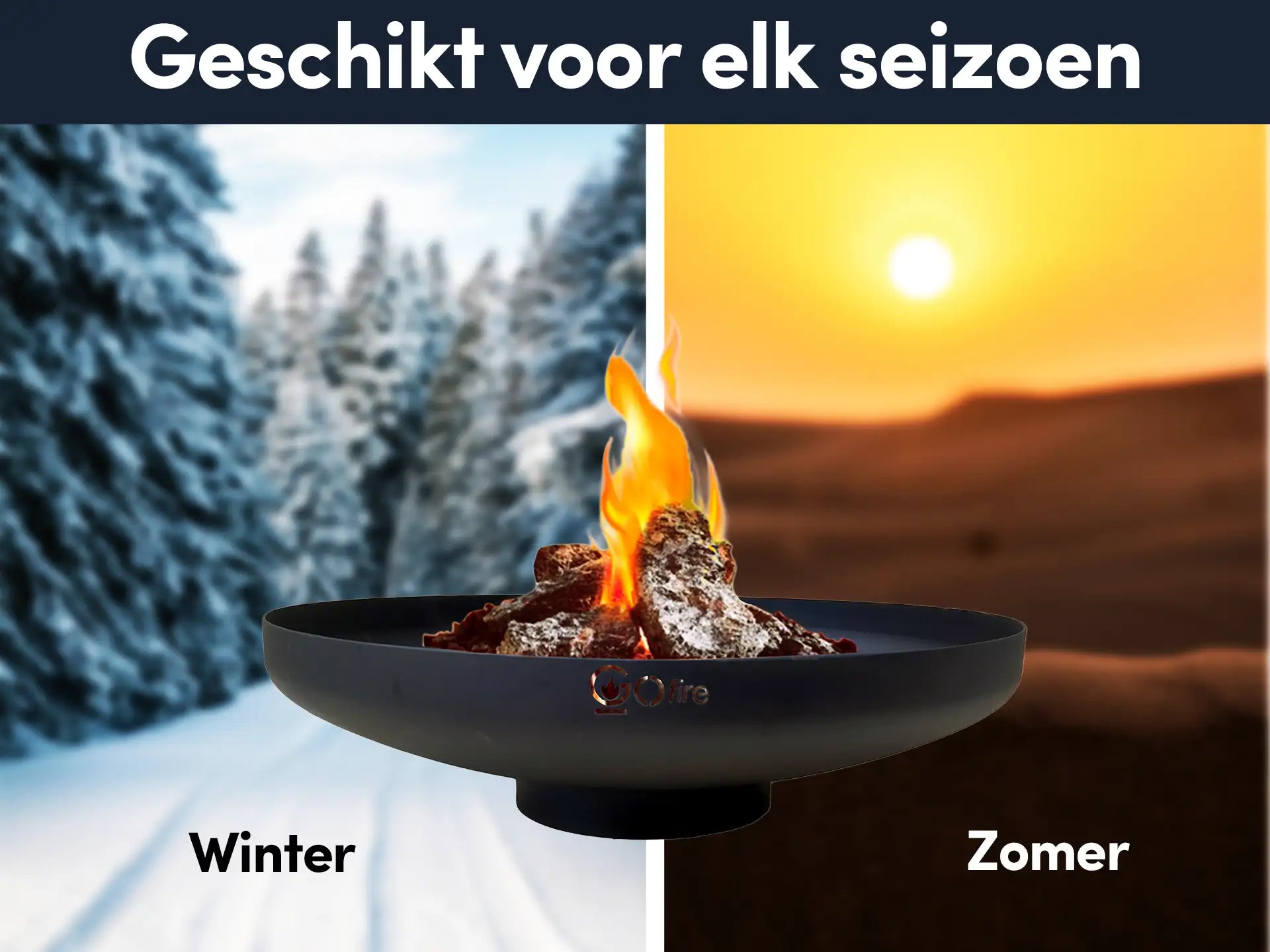 GoFire oda vuurschaal zwart met brandend vuur, afgebeeld in zowel winterse sneeuw als zomerse zonsondergang, geschikt voor gebruik in elk seizoen.