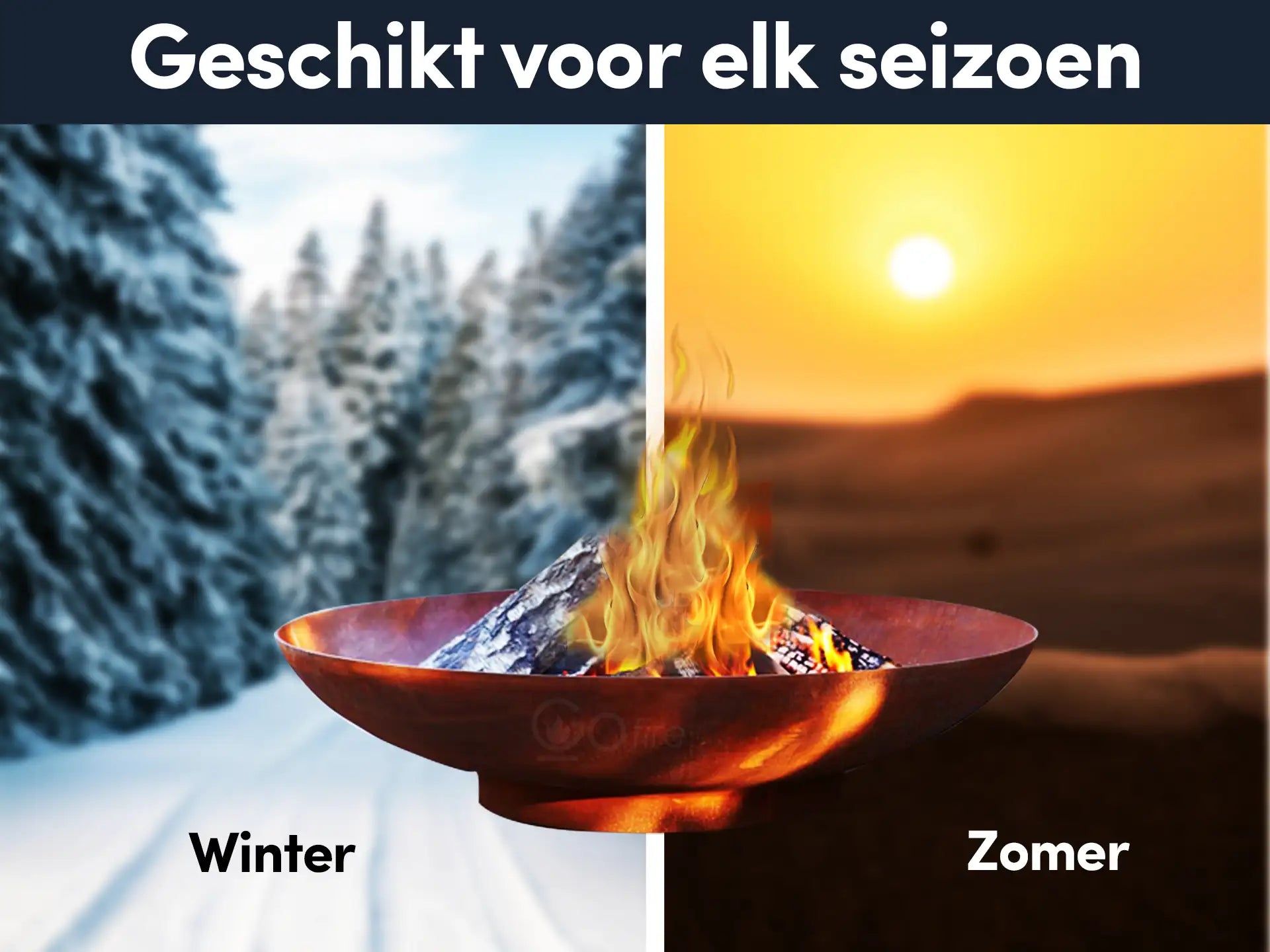 GoFire soho vuurschaal met brandend vuur, afgebeeld in zowel winterse sneeuw als zomerse zonsondergang, geschikt voor gebruik in elk seizoen.