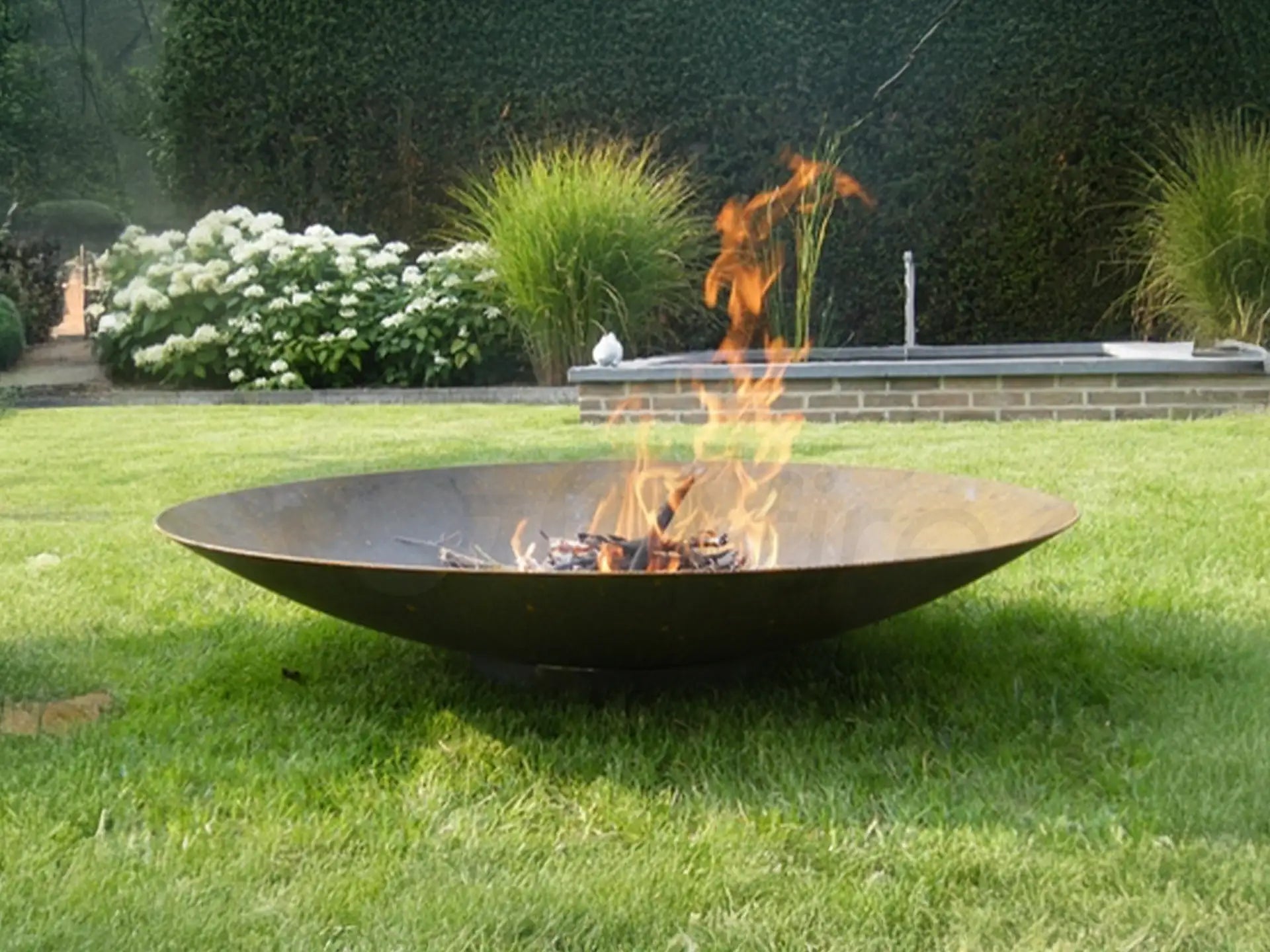 Gofire soho vuurschaal van cortenstalen met vlammen, brandend op een gazon in een tuin met sierplanten en zwembad op de achtergrond.
