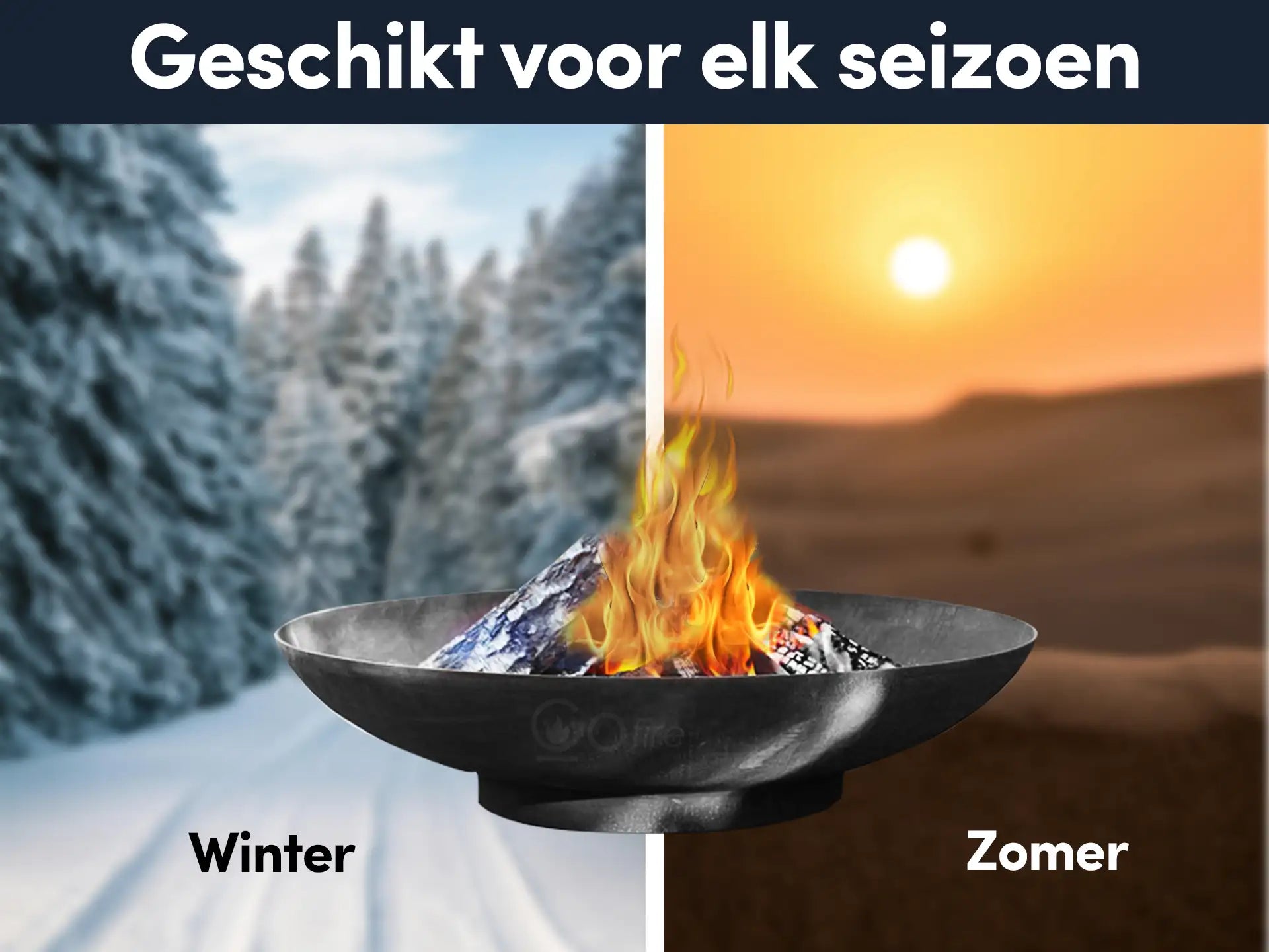 GoFire soho vuurschaal zwart met brandend vuur, afgebeeld in zowel winterse sneeuw als zomerse zonsondergang, geschikt voor gebruik in elk seizoen.