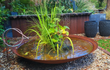 GoFire Soho waterschaal met fontein en siergrassen, omgeven door grind en tuindecoratie voor een natuurlijke en moderne uitstraling.