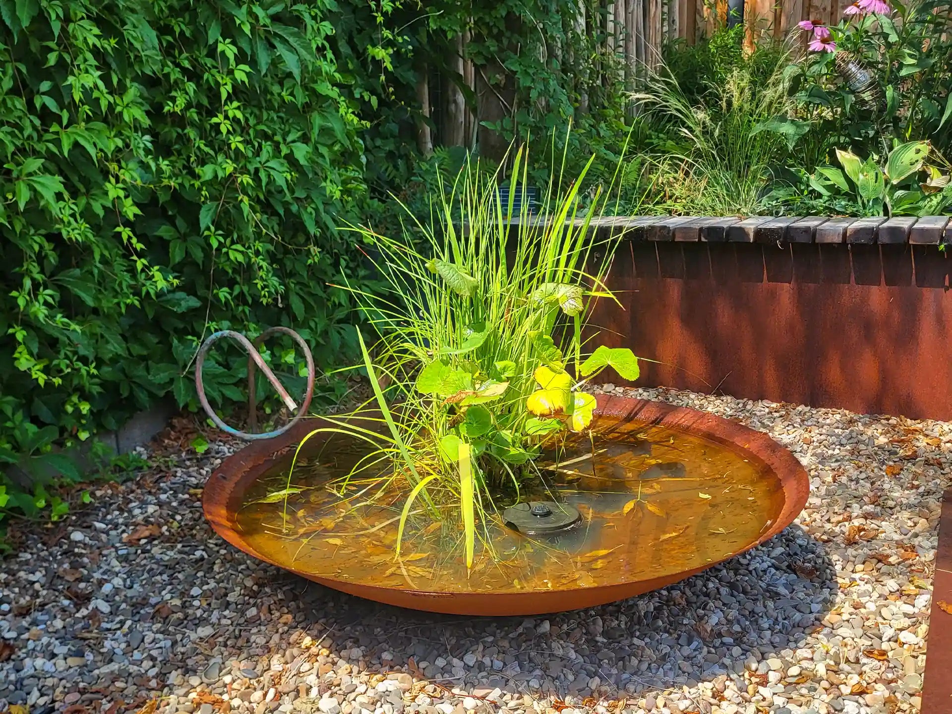 GoFire Soho waterschaal gevuld met waterplanten en fontein, geplaatst op grind in een tuin met groene achtergrondbeplanting.