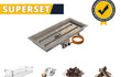 Gofire Superset rechthoek 56 x 28 cm met complete set: een inbouwbrander van RVS, een glazen ombouw, een gasdrukregelaar met slang, lavastenen voor hitteverdeling en keramische houtblokken voor een realistische haardlook. De set ligt gepresenteerd als totaalpakket op een witte achtergrond.