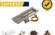 Gofire Superset rechthoek 75 x 25 cm met complete set: een inbouwbrander van RVS, een glazen ombouw, een gasdrukregelaar met slang, lavastenen voor hitteverdeling en keramische houtblokken voor een realistische haardlook. De set ligt gepresenteerd als totaalpakket op een witte achtergrond.