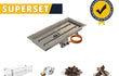 Gofire Superset rechthoek 79 x 36 cm met complete set: een inbouwbrander van RVS, een glazen ombouw, een gasdrukregelaar met slang, lavastenen voor hitteverdeling en keramische houtblokken voor een realistische haardlook. De set ligt gepresenteerd als totaalpakket op een witte achtergrond.