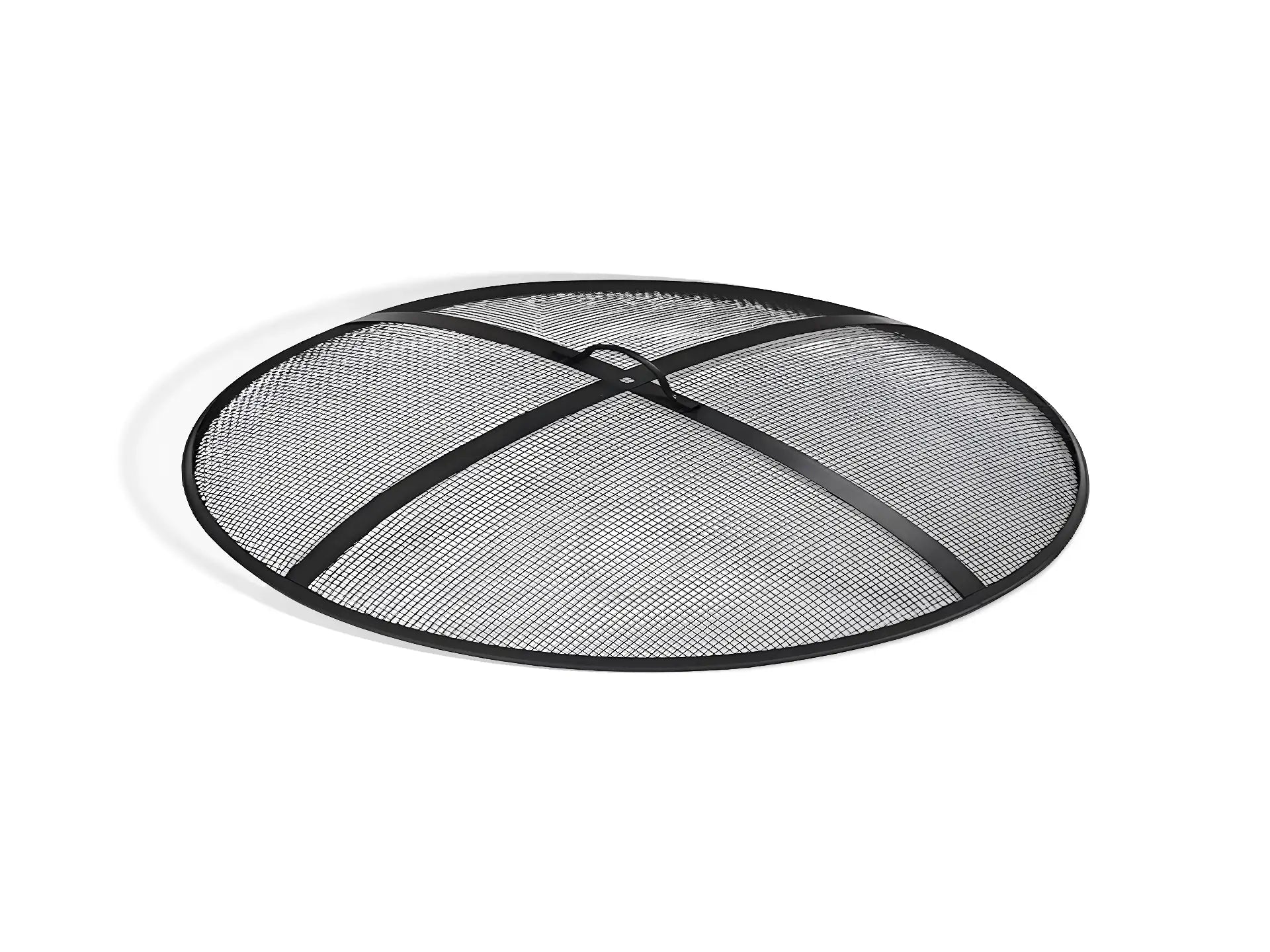 Zwart metalen GoFire vonkenscherm voor vuurschaal 70 cm, gefotografeerd vanaf de zijkant tegen een witte achtergrond, met fijnmazig gaas en stevig handvat bovenop.