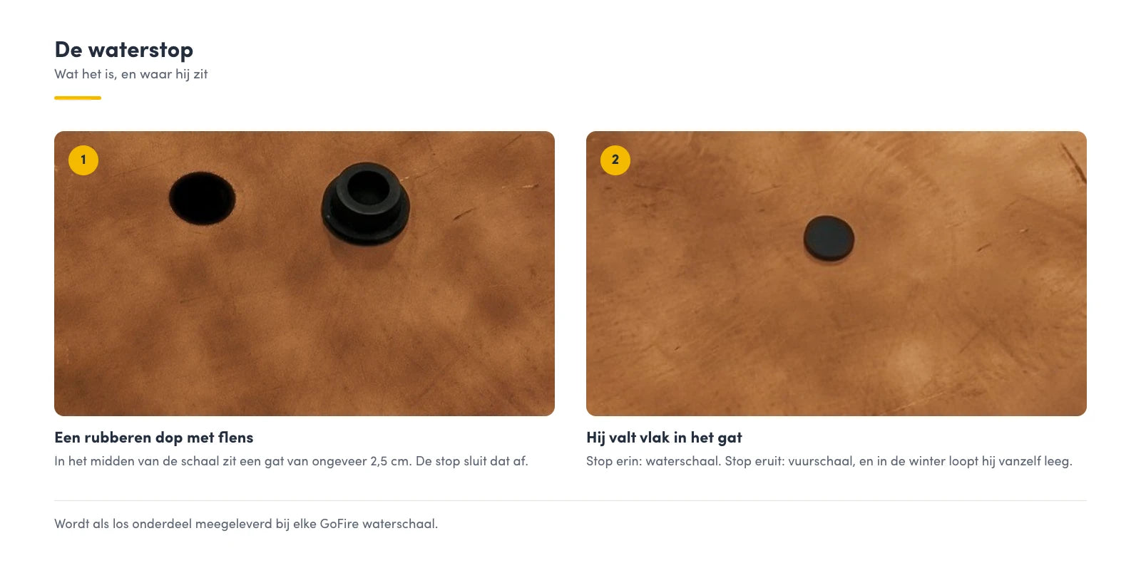 Uitleg van de waterstop bij de GoFire waterschaal van cortenstaal: een rubberen dop met flens sluit het gat van ongeveer 2,5 cm in het midden af, stop erin is waterschaal en stop eruit is vuurschaal.