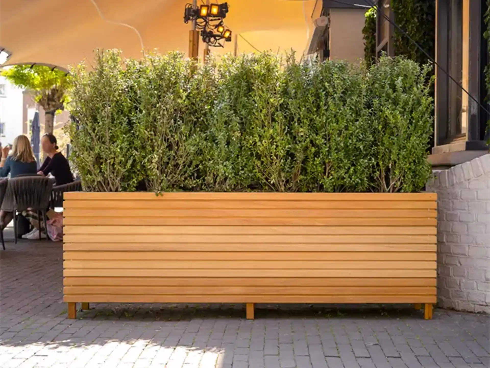 Adezz Malaga Rhombus hardhouten plantenbak, beplant met siergrassen en vaste planten op een buitenplaats.