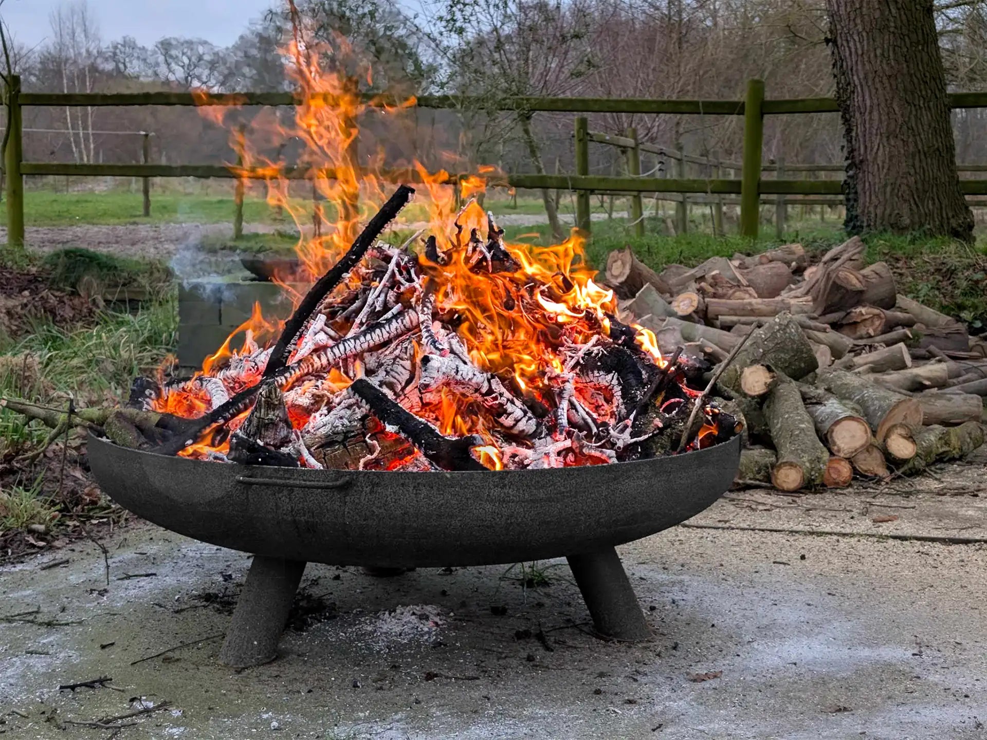 Lev vuurschaal zwart met brandend houtvuur en gloeiende houtblokken, geplaatst op poten in een natuurlijke buitenomgeving met houtopslag op de achtergrond.