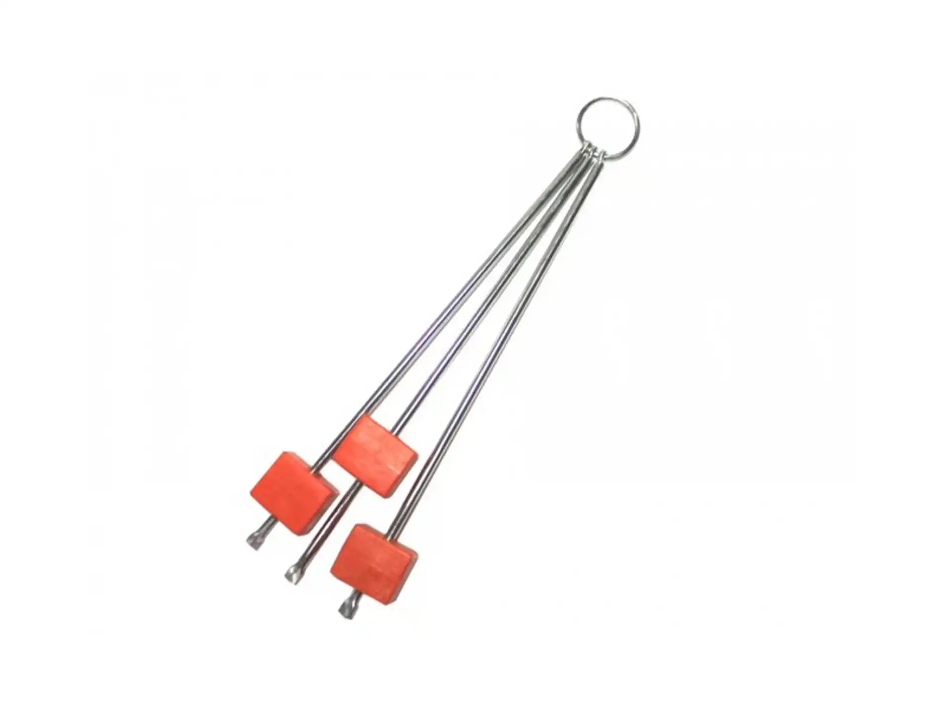Opgevouwen onderzetter voor paella pan, compacte standaard met metalen frame en oranje blokjes.