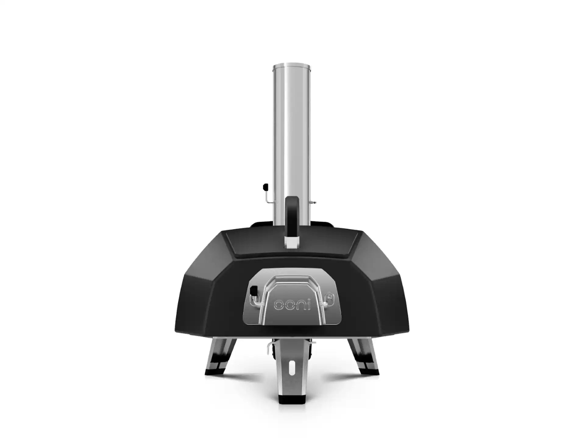 Ooni Karu 2 Pro pizza oven hout of houtskool gestookt, achteraanzicht met schoorsteen, productfoto op witte achtergrond.