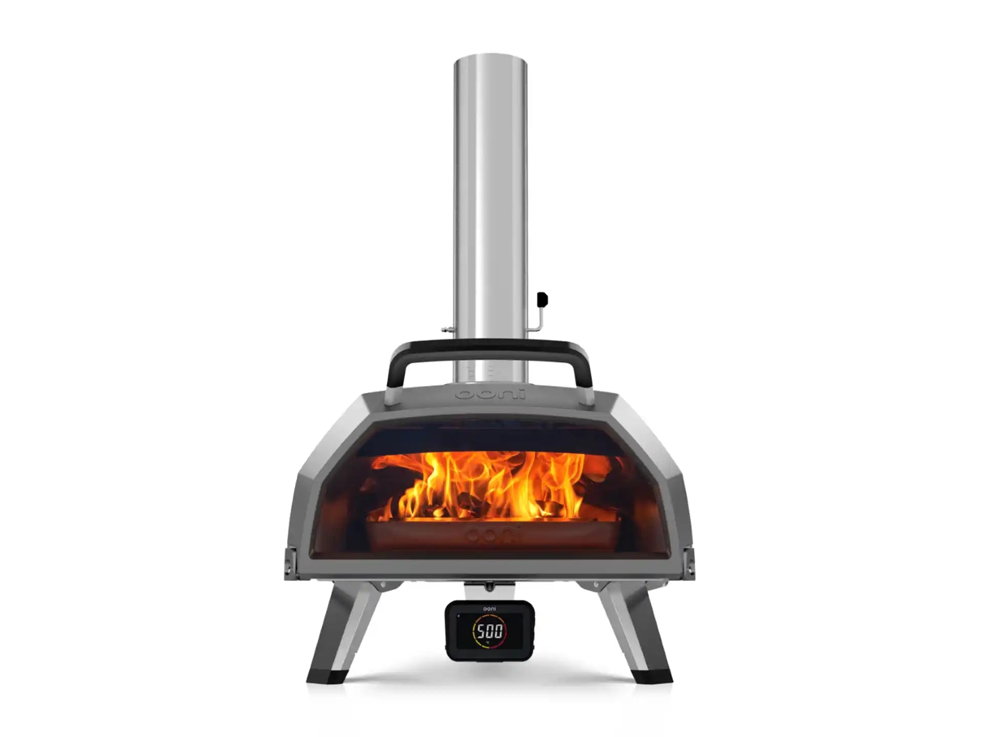 Ooni Karu 2 Pro hout- of houtskoolgestookte pizza oven, vooraanzicht met brede opening en zichtbare vlammen, productfoto op witte achtergrond.