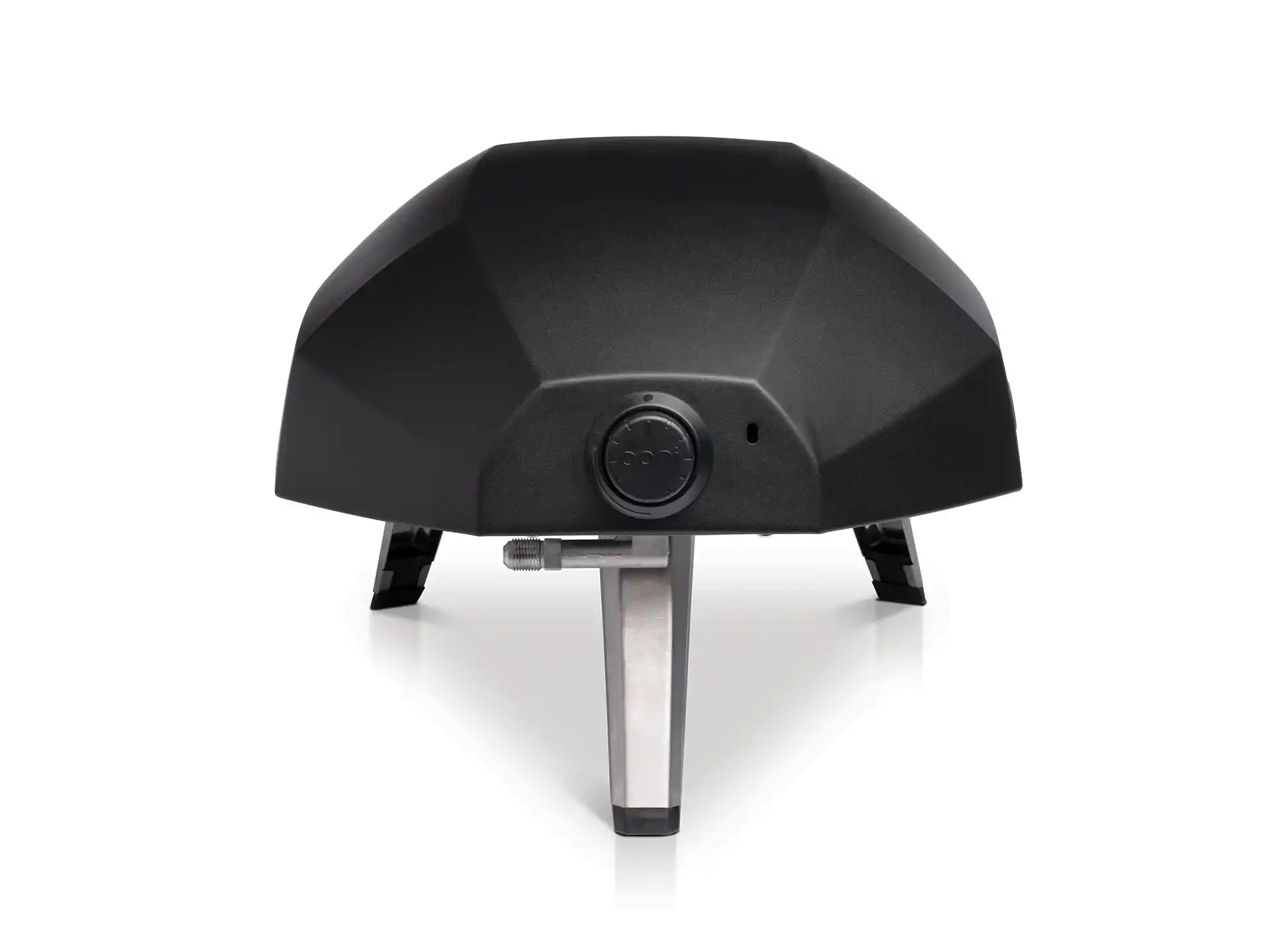 Ooni Koda 12 pizza oven op gas, achteraanzicht met gasregelknop en stevige constructie, productfoto op witte achtergrond.