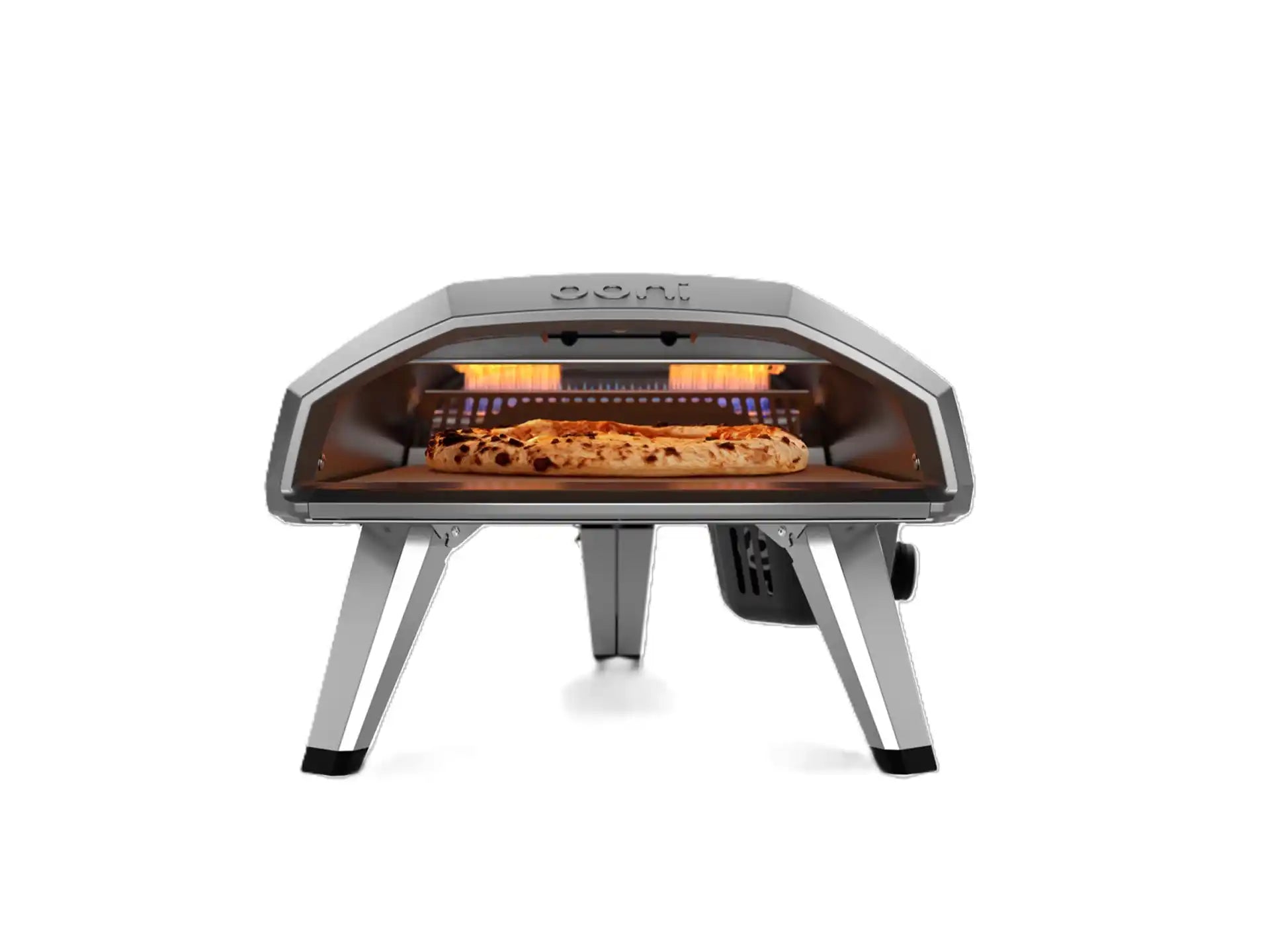 Ooni Koda 2 pizza oven op gas, vooraanzicht met zwarte behuizing en brede opening, productfoto op witte achtergrond.