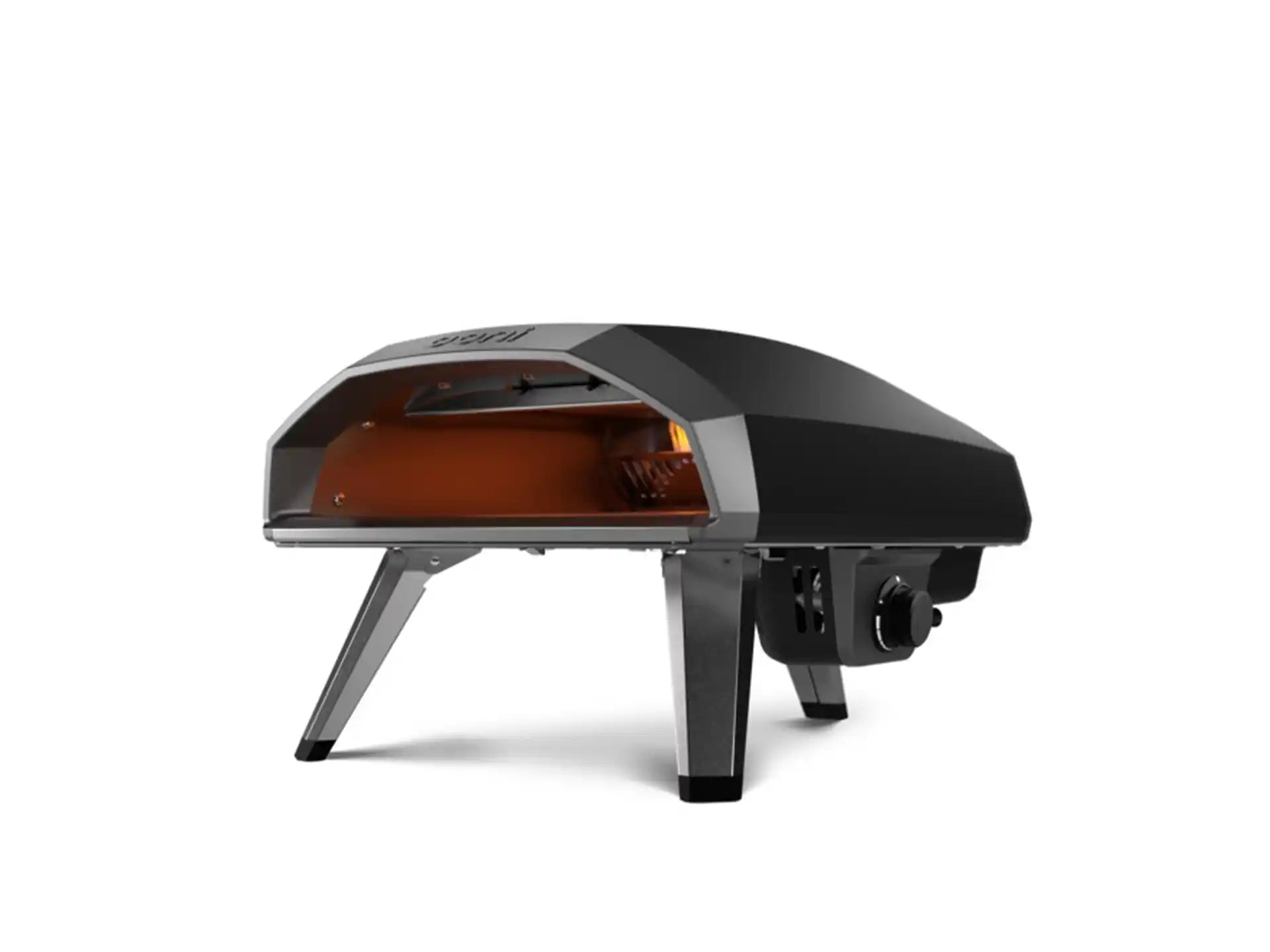 Ooni Koda 2 pizza oven gasgestookt, zijaanzicht met slank ontwerp en stevige poten, productfoto op witte achtergrond.