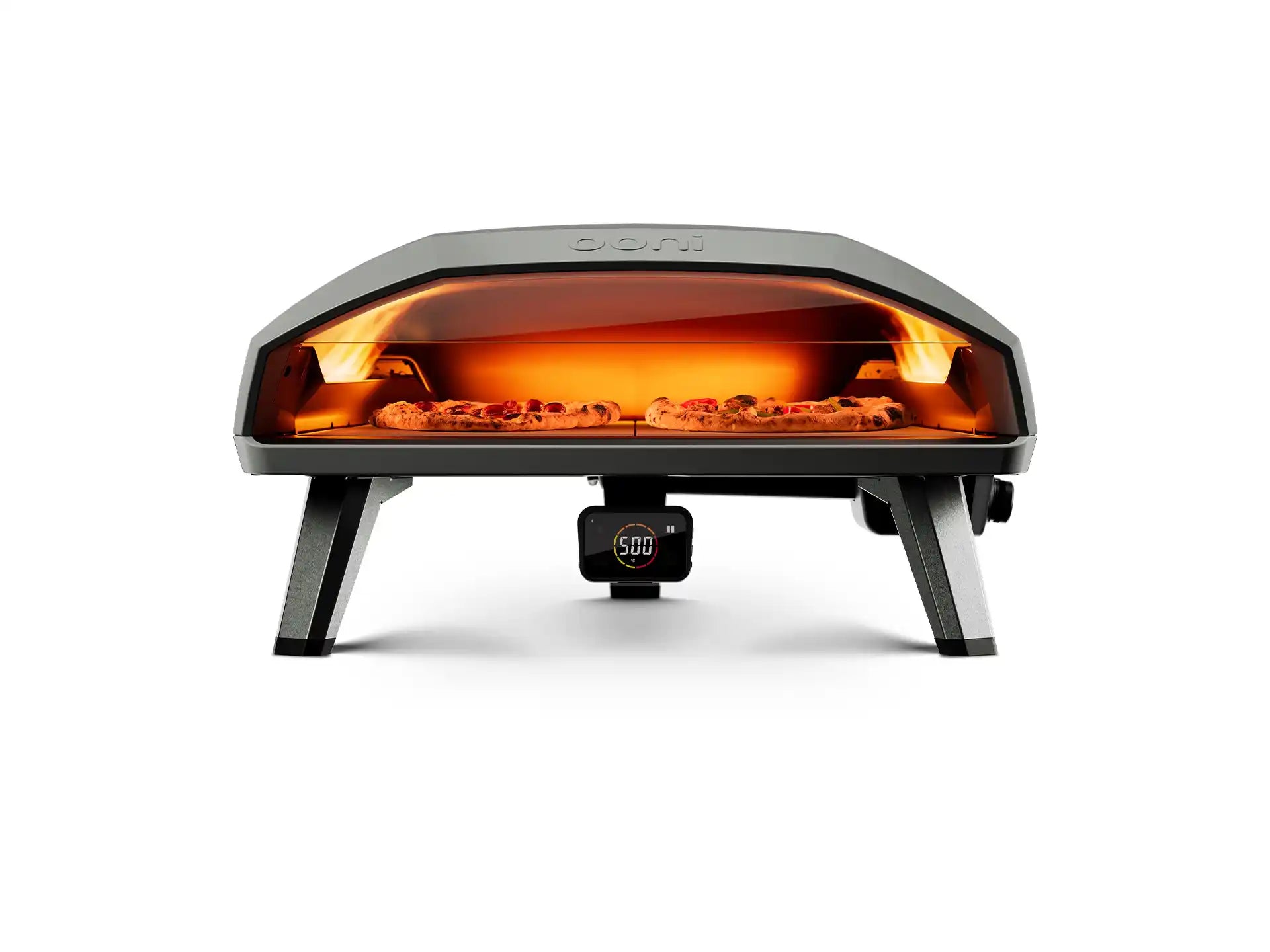 Ooni Koda 2 Max pizza oven op gas, vooraanzicht met dubbele brander en brede opening, productfoto op witte achtergrond.
