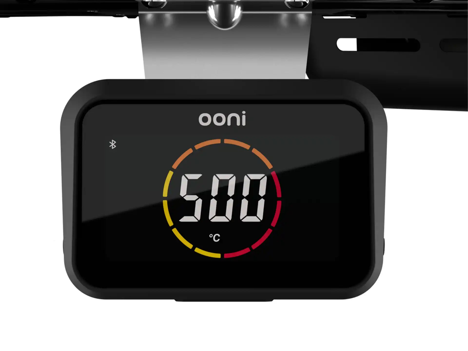 Ooni Koda 2 Pro pizza oven met digitaal display en ingebouwde temperatuurmeter tot 500 graden, close-up productfoto.
